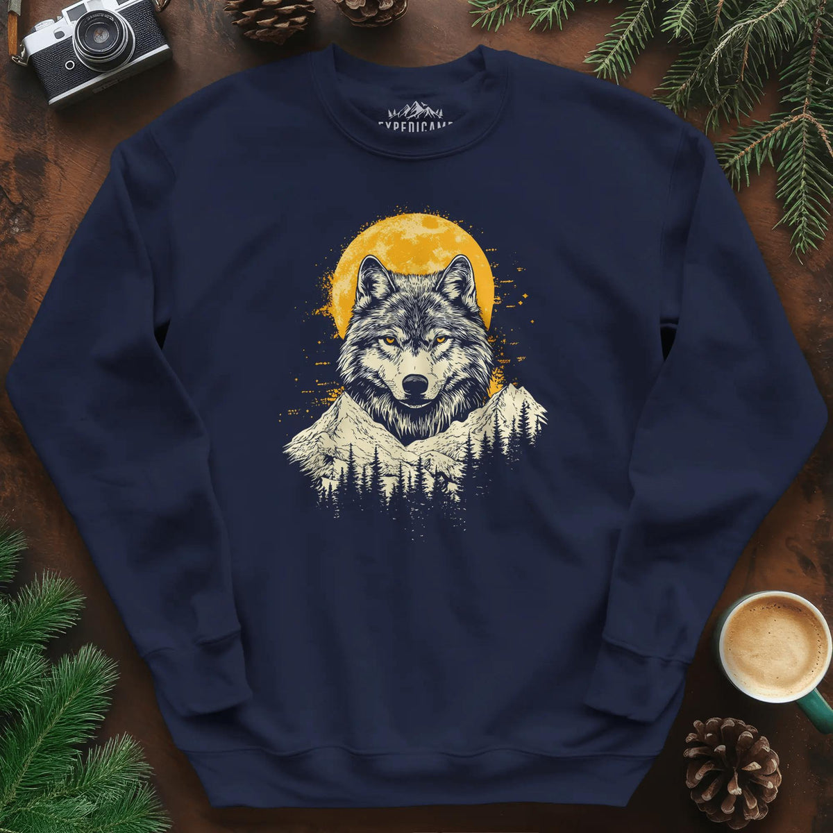 Golden Moon Wolf Sweatshirt – Navy – Outdoor apparel for travel, hiking, camping, and nature lovers – ExpediCamp