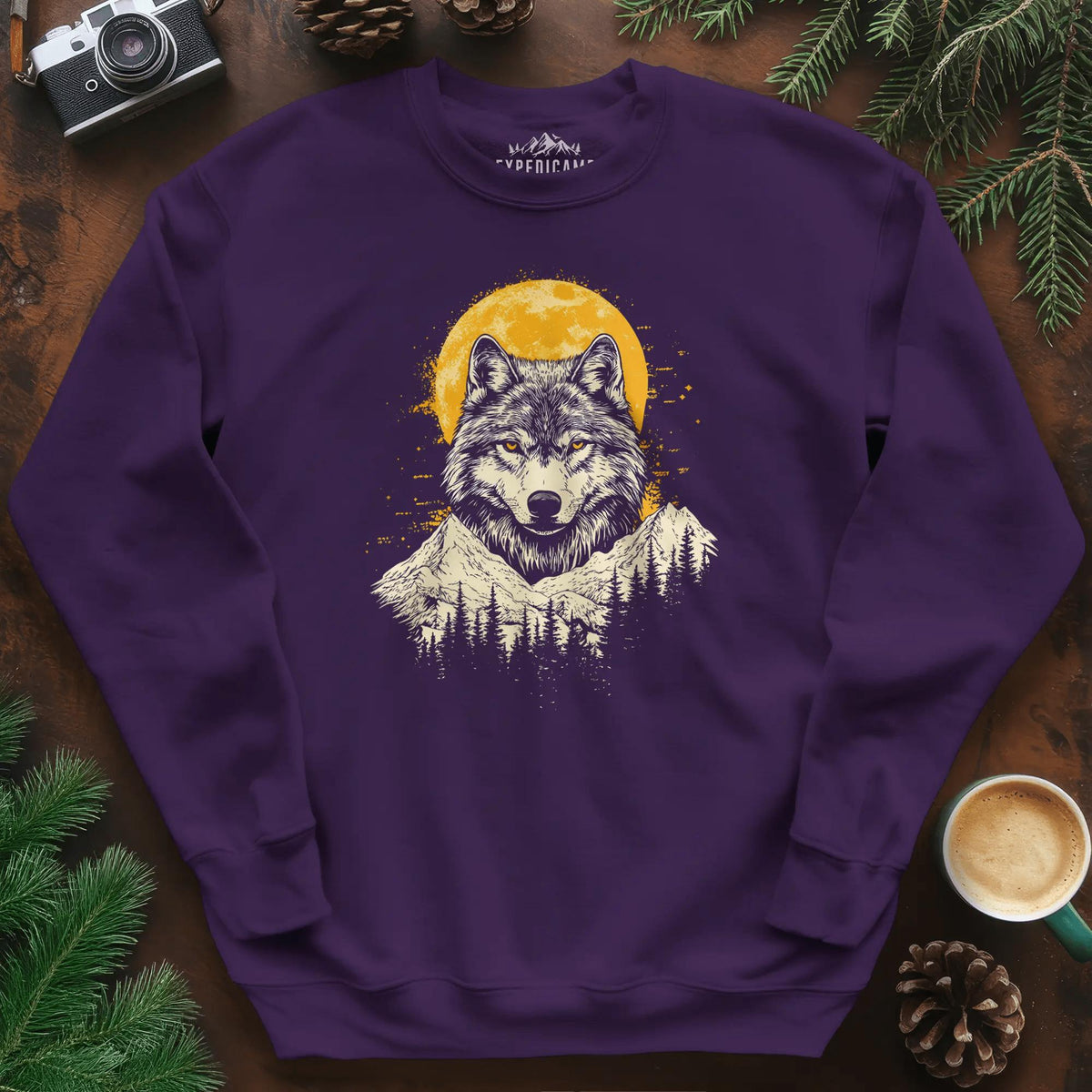 Golden Moon Wolf Sweatshirt – Purple – Outdoor apparel for travel, hiking, camping, and nature lovers – ExpediCamp