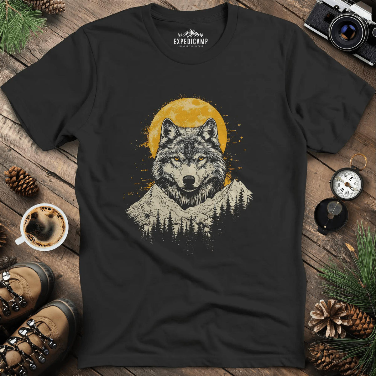 Golden Moon Wolf T-Shirt – Black – Outdoor apparel for travel, hiking, camping, and nature lovers – ExpediCamp