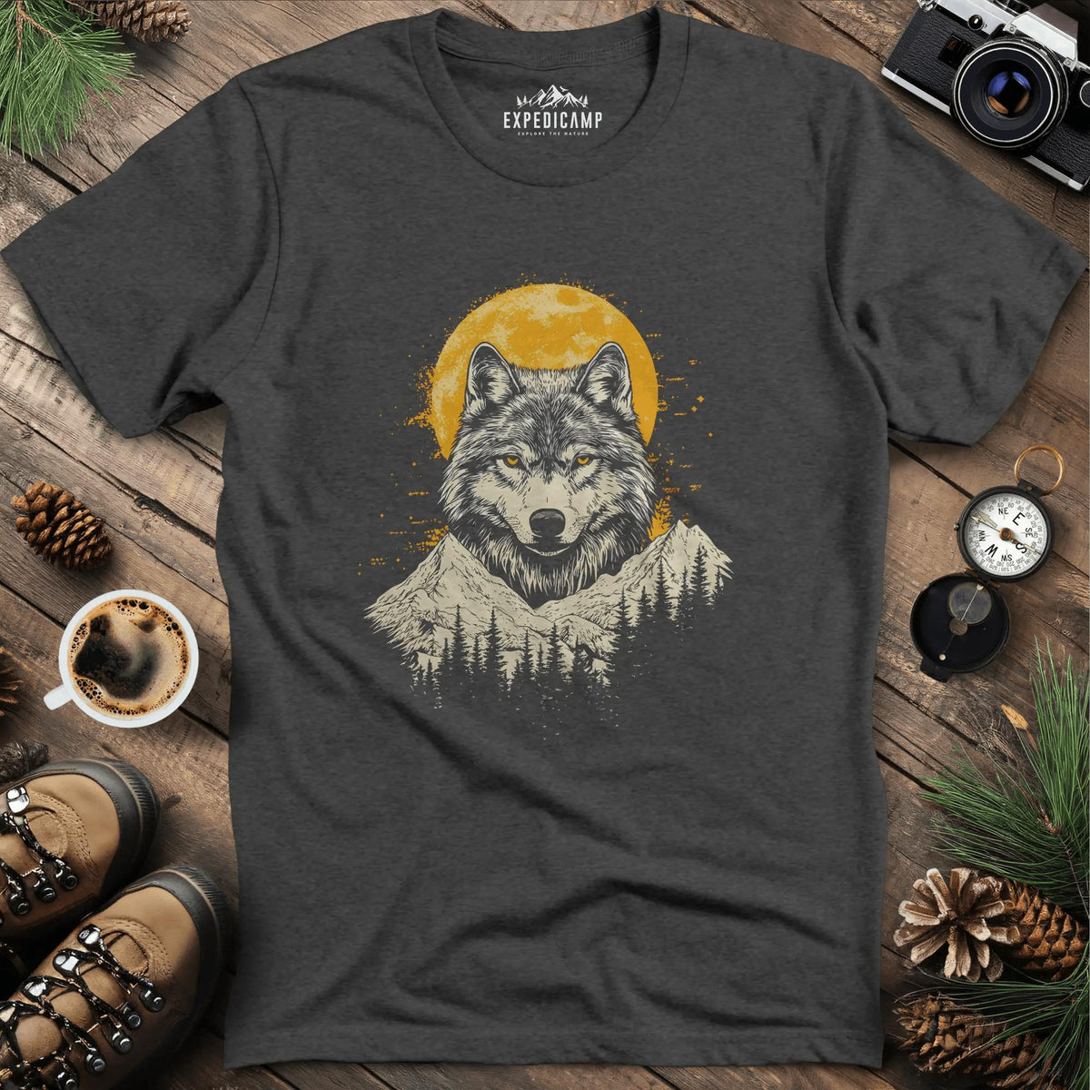 Golden Moon Wolf T-Shirt – Dark Heather – Outdoor apparel for travel, hiking, camping, and nature lovers – ExpediCamp