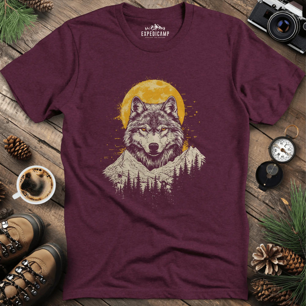 Golden Moon Wolf T-Shirt – Heather Maroon – Outdoor apparel for travel, hiking, camping, and nature lovers – ExpediCamp