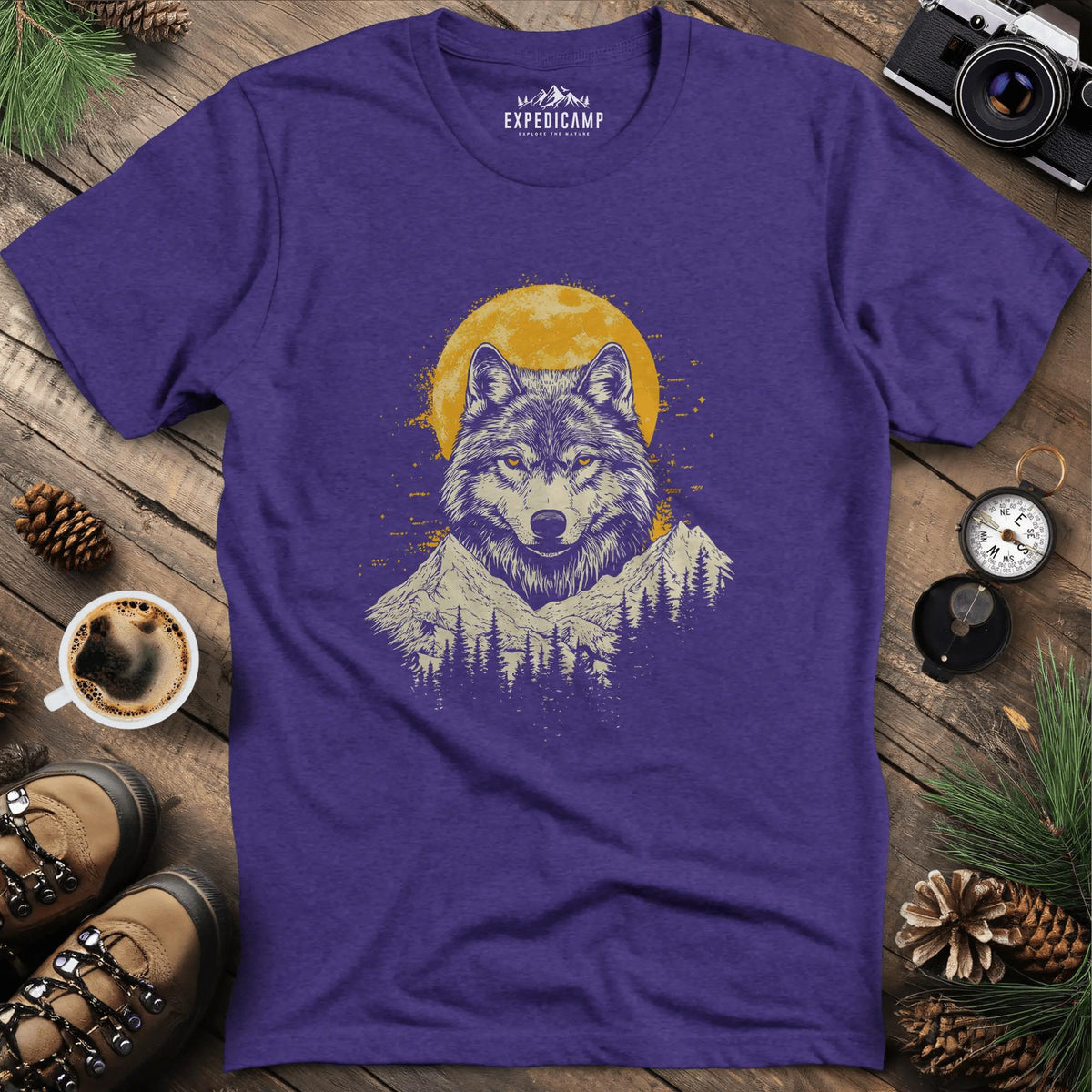 Golden Moon Wolf T-Shirt – Heather Purple – Outdoor apparel for travel, hiking, camping, and nature lovers – ExpediCamp