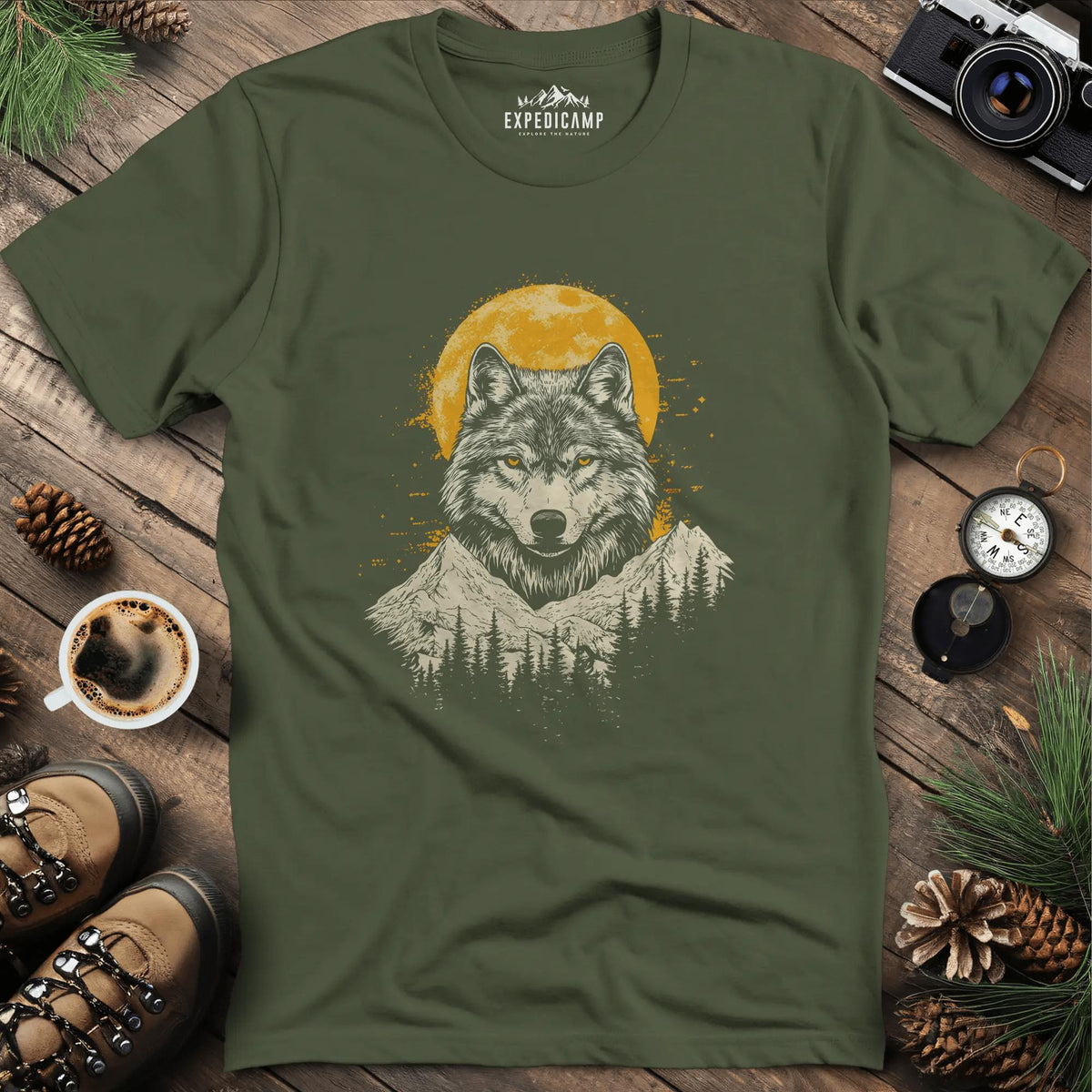 Golden Moon Wolf T-Shirt – Military Green – Outdoor apparel for travel, hiking, camping, and nature lovers – ExpediCamp