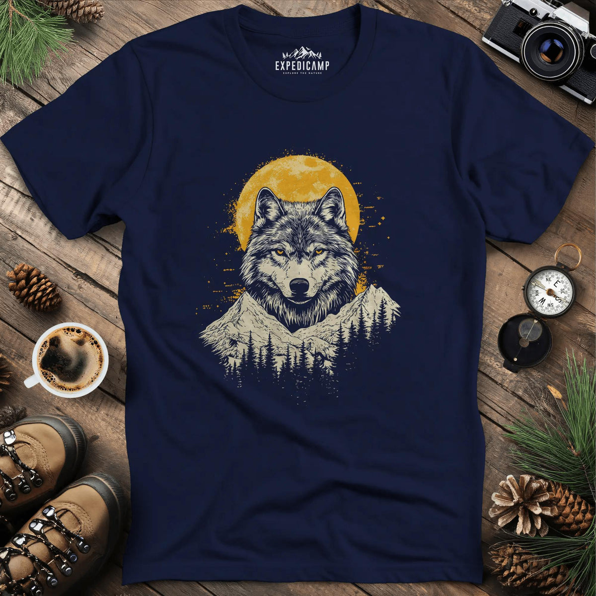 Golden Moon Wolf T-Shirt – Navy – Outdoor apparel for travel, hiking, camping, and nature lovers – ExpediCamp