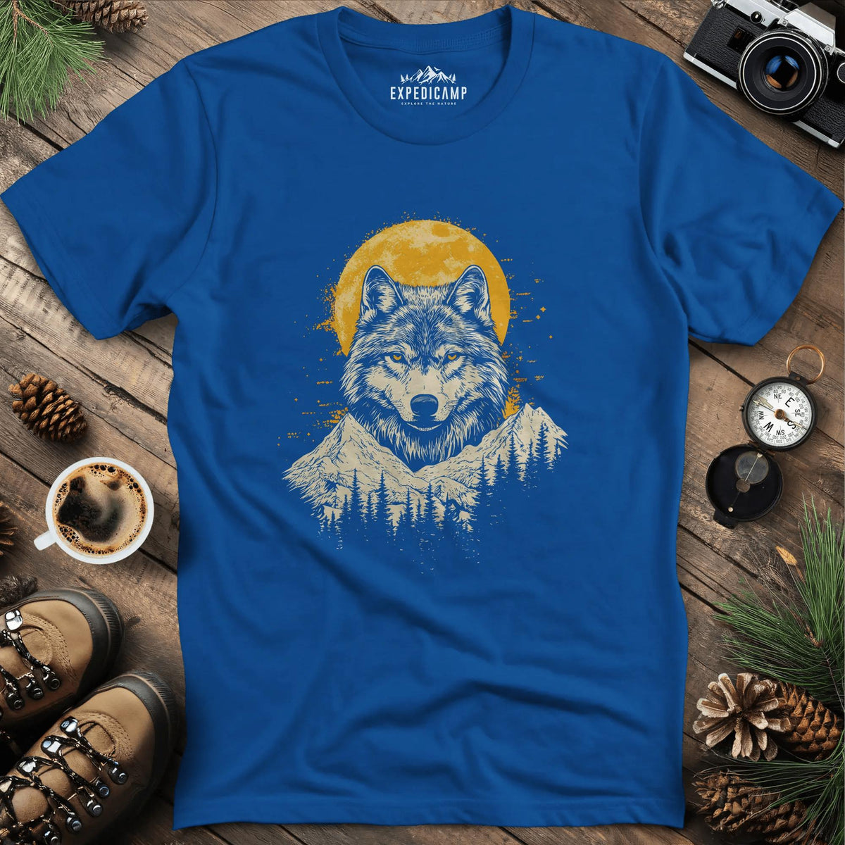 Golden Moon Wolf T-Shirt – Royal – Outdoor apparel for travel, hiking, camping, and nature lovers – ExpediCamp