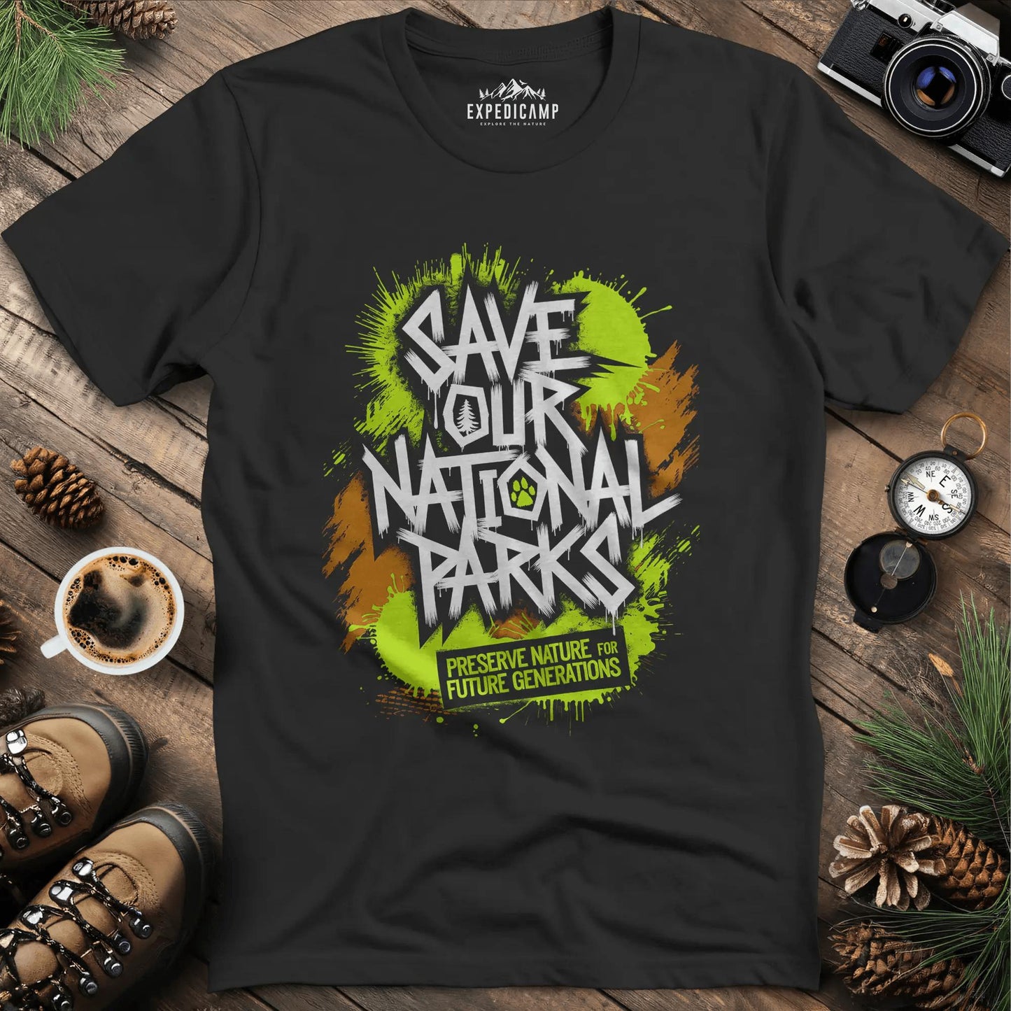 Graffiti Save Our National Parks T-Shirt – Black – Outdoor apparel for travel, hiking, camping, and nature lovers – ExpediCamp