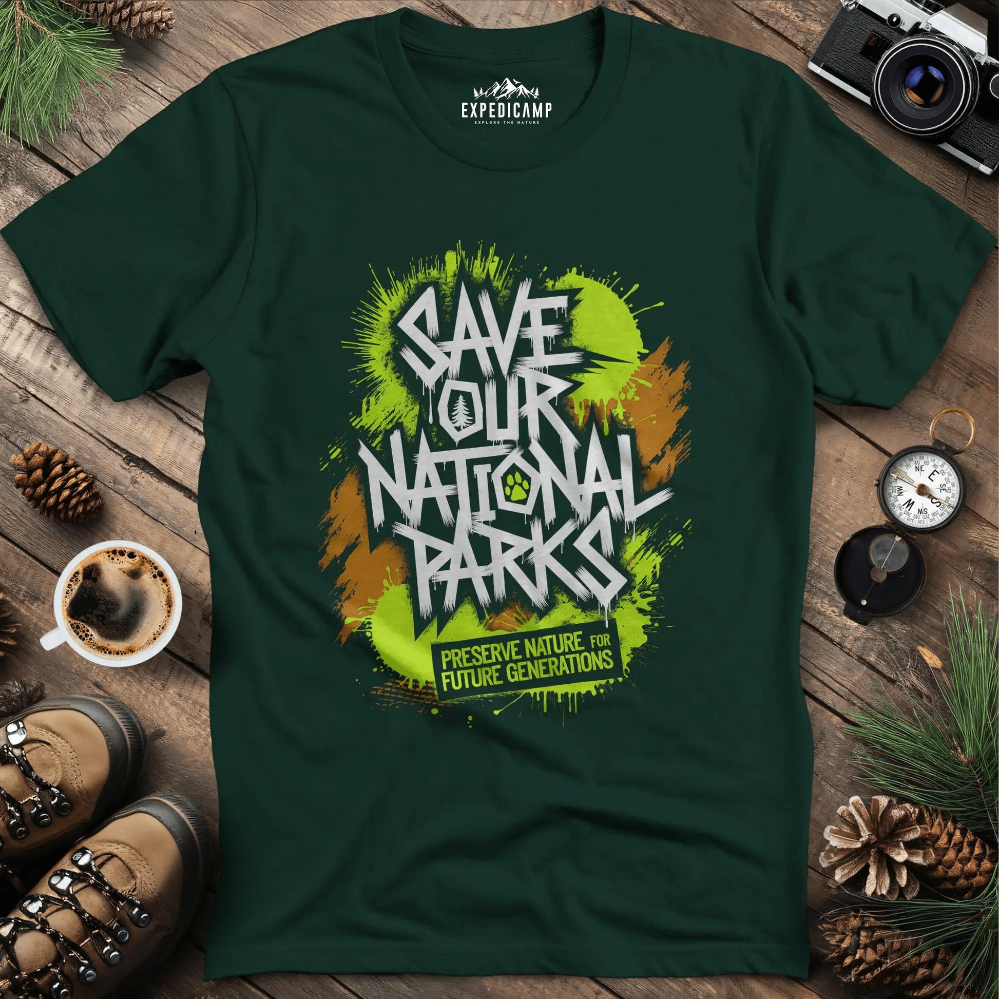 Graffiti Save Our National Parks T-Shirt – Forest Green – Outdoor apparel for travel, hiking, camping, and nature lovers – ExpediCamp
