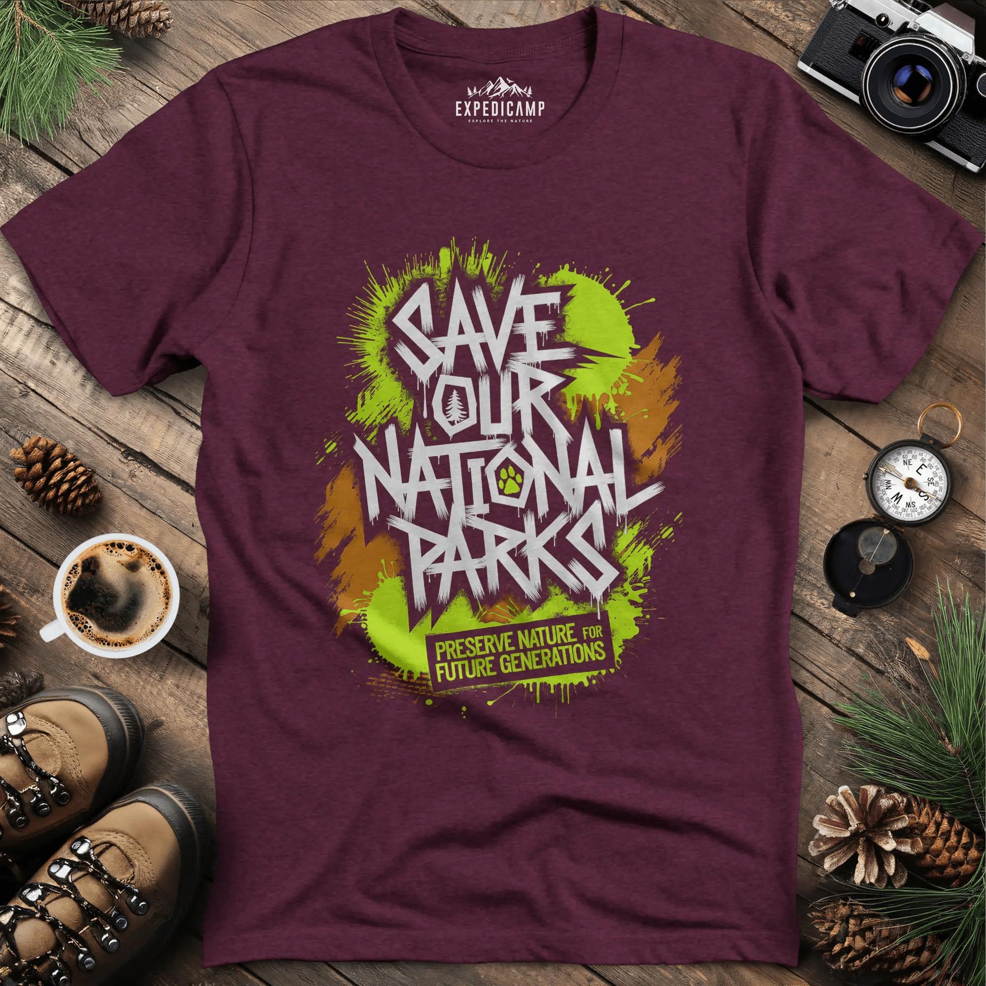 Graffiti Save Our National Parks T-Shirt – Heather Maroon – Outdoor apparel for travel, hiking, camping, and nature lovers – ExpediCamp