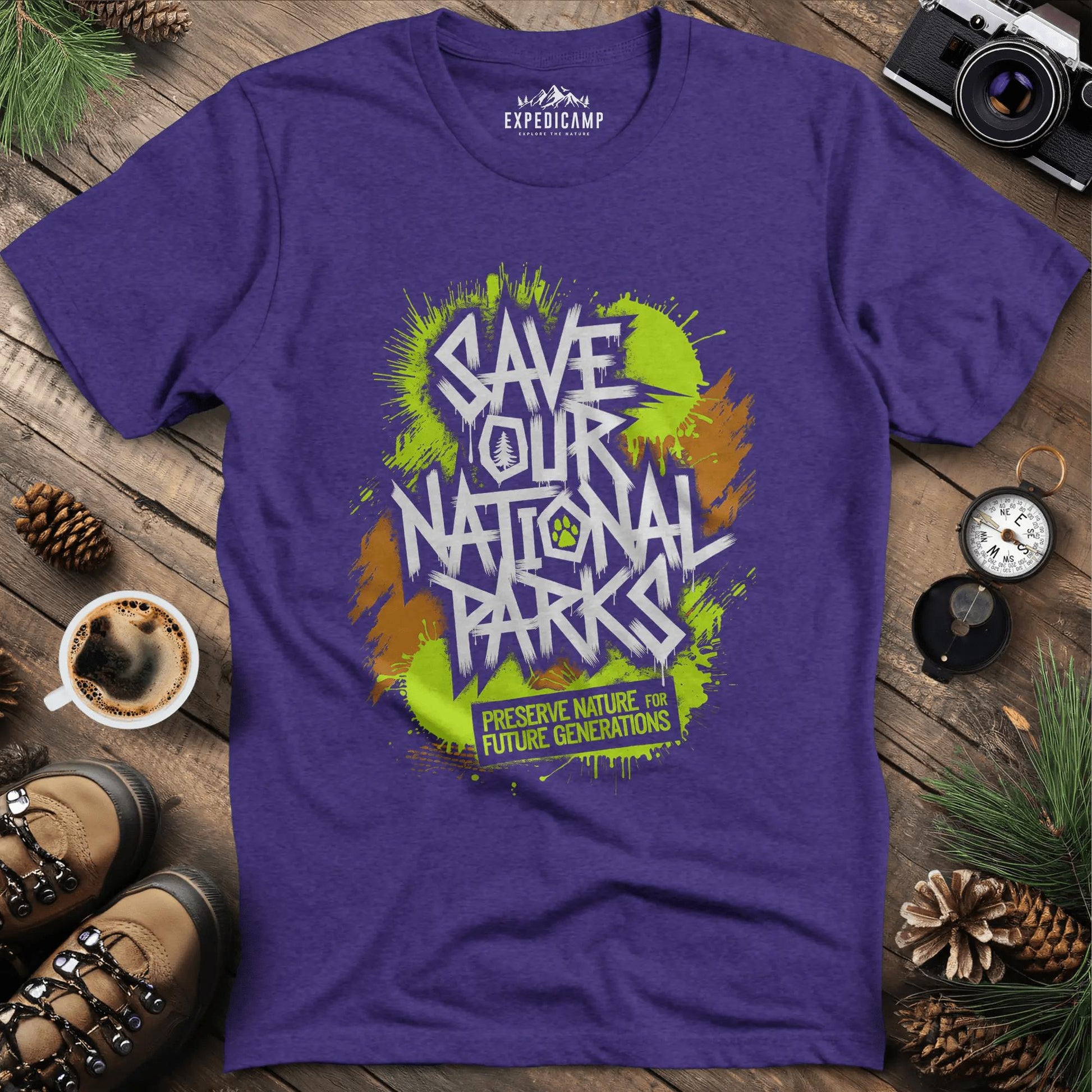 Graffiti Save Our National Parks T-Shirt – Heather Purple – Outdoor apparel for travel, hiking, camping, and nature lovers – ExpediCamp