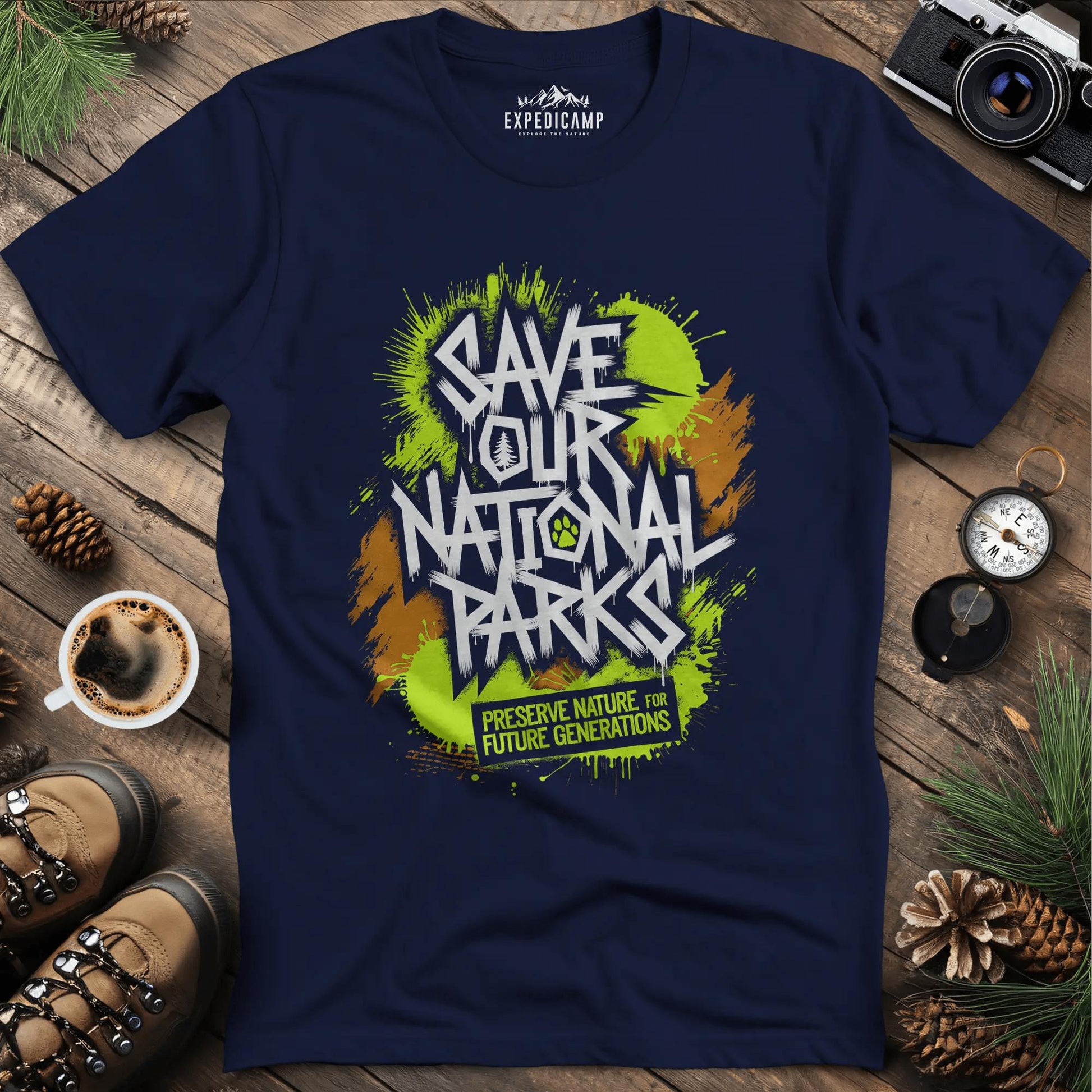 Graffiti Save Our National Parks T-Shirt – Navy – Outdoor apparel for travel, hiking, camping, and nature lovers – ExpediCamp