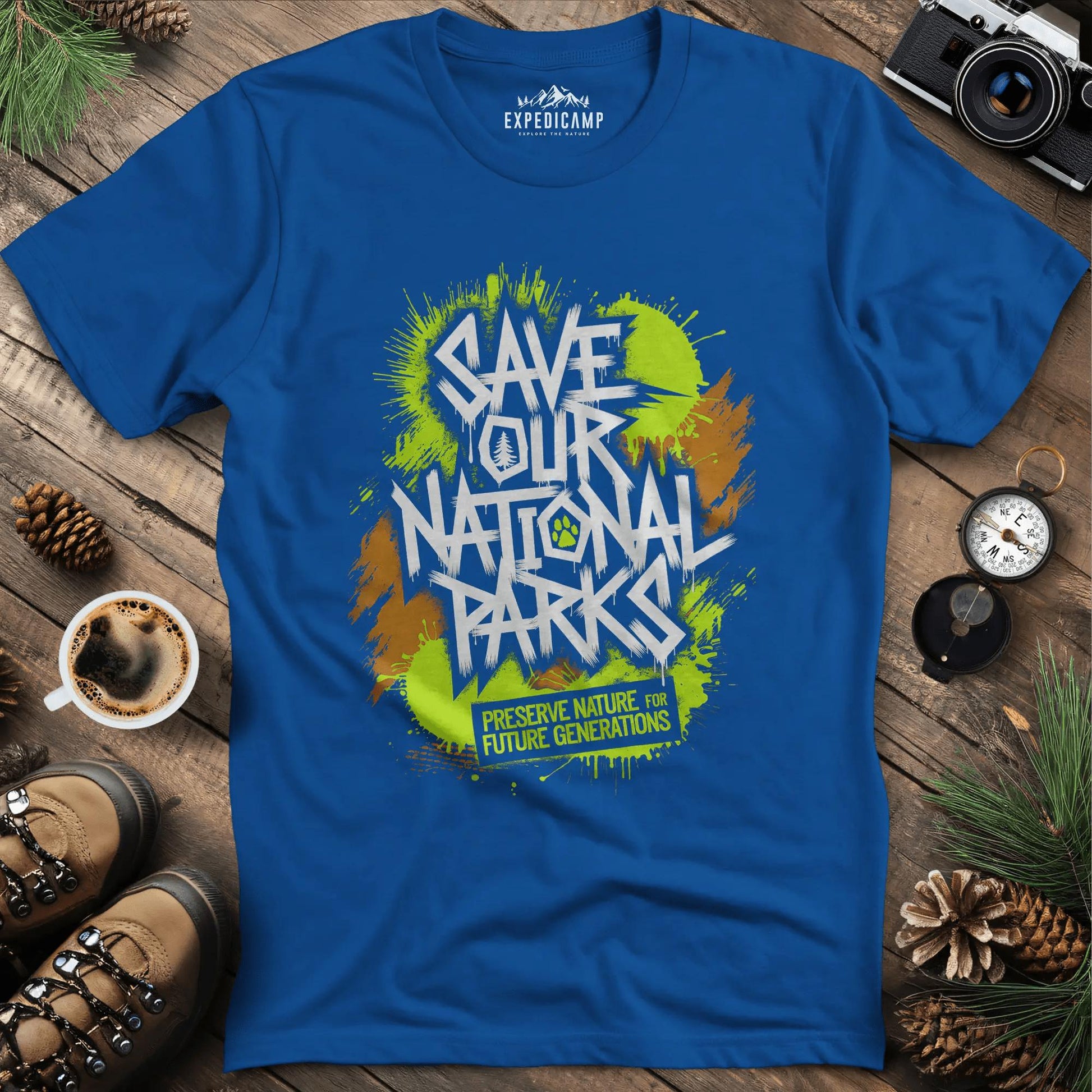 Graffiti Save Our National Parks T-Shirt – Royal – Outdoor apparel for travel, hiking, camping, and nature lovers – ExpediCamp