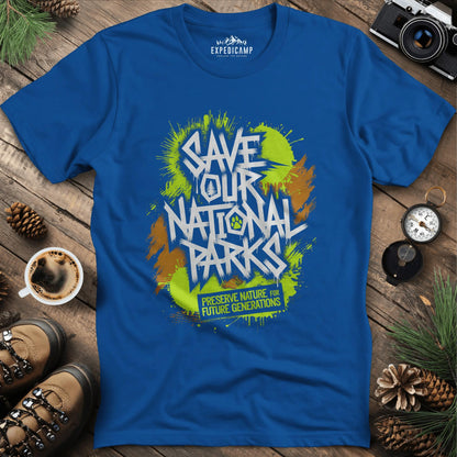 Graffiti Save Our National Parks T-Shirt – Royal – Outdoor apparel for travel, hiking, camping, and nature lovers – ExpediCamp