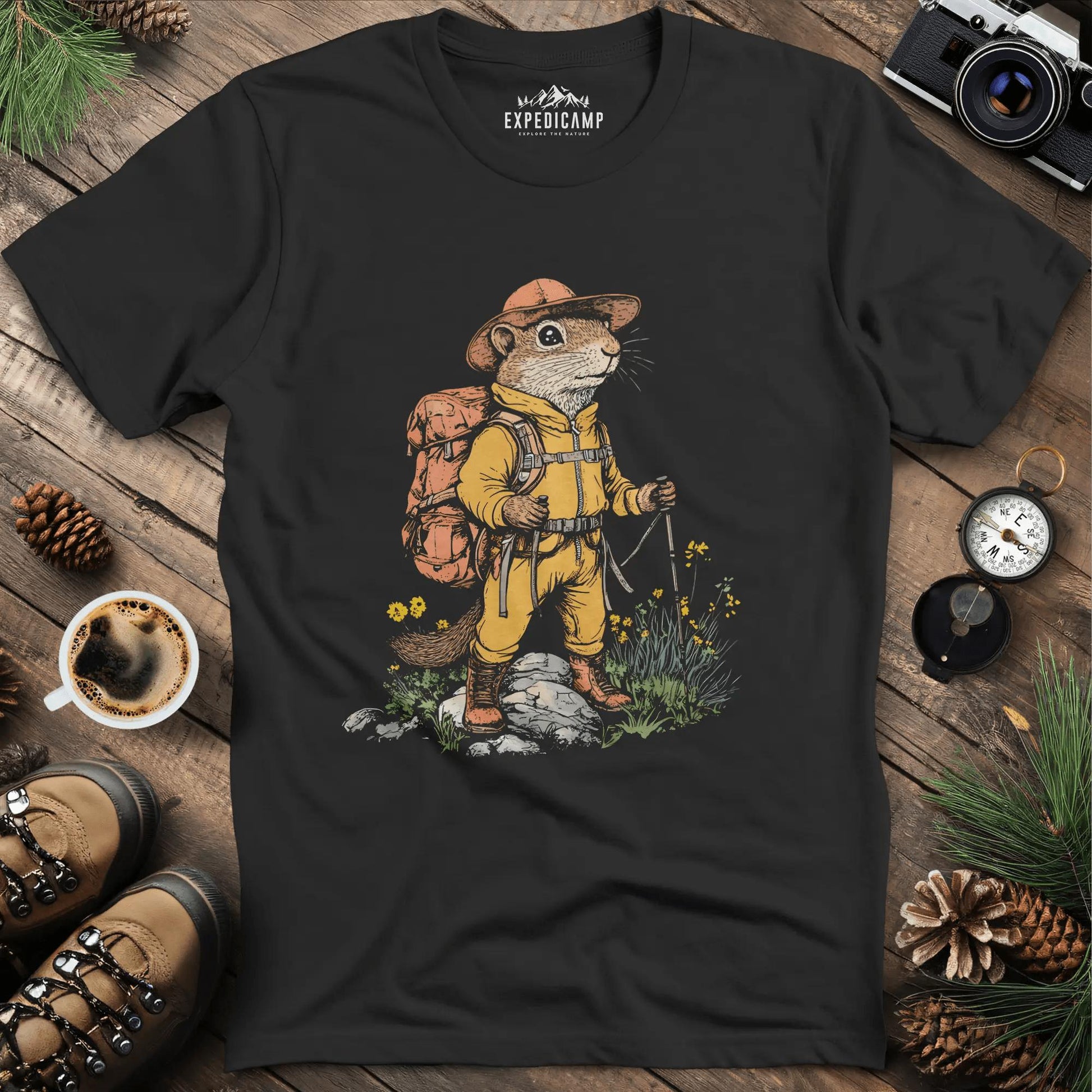 Ground Squirrel Hiker T-Shirt – Small But Mighty Adventurer – Black – Outdoor apparel for travel, hiking, camping, and nature lovers – ExpediCamp