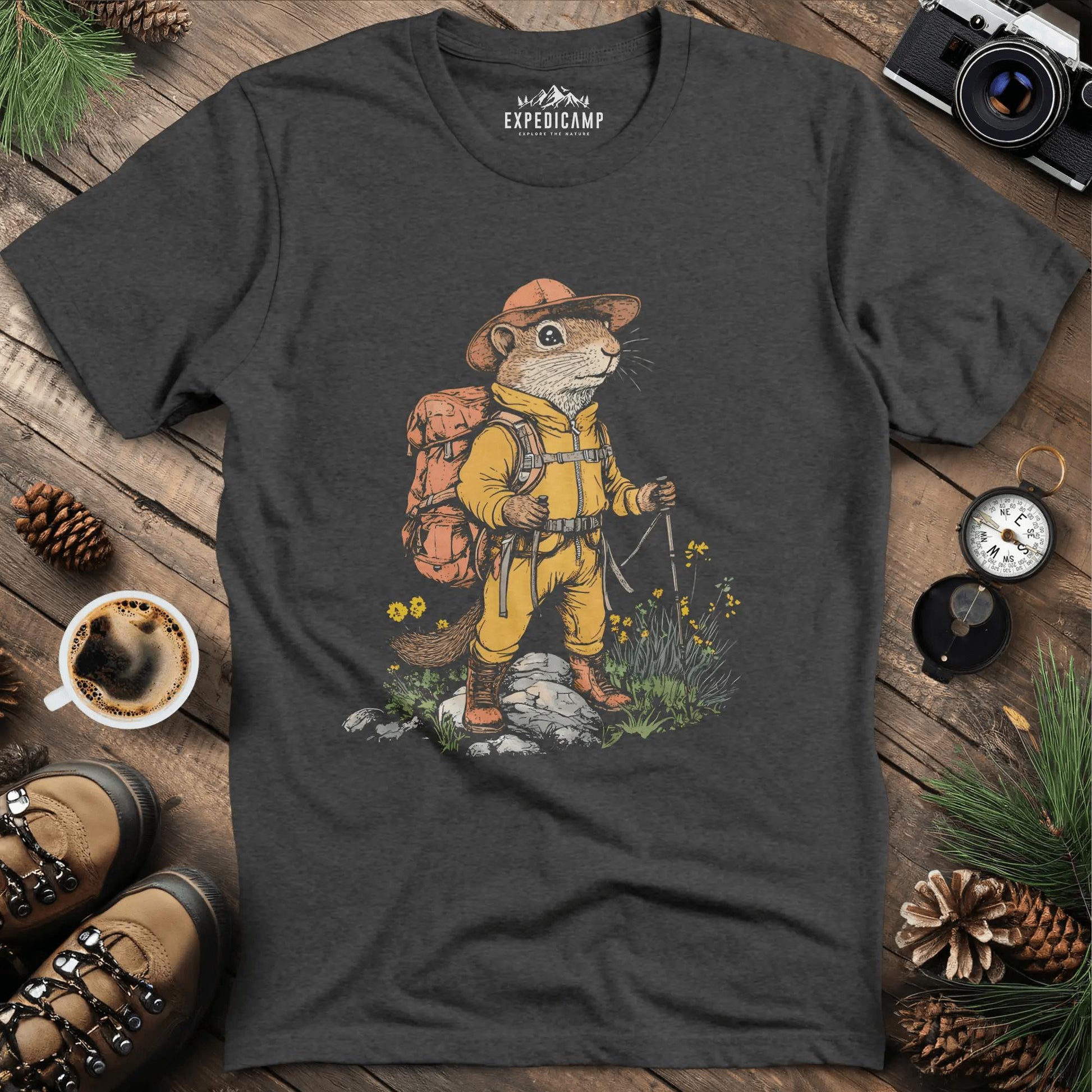 Ground Squirrel Hiker T-Shirt – Small But Mighty Adventurer – Dark Heather – Outdoor apparel for travel, hiking, camping, and nature lovers – ExpediCamp