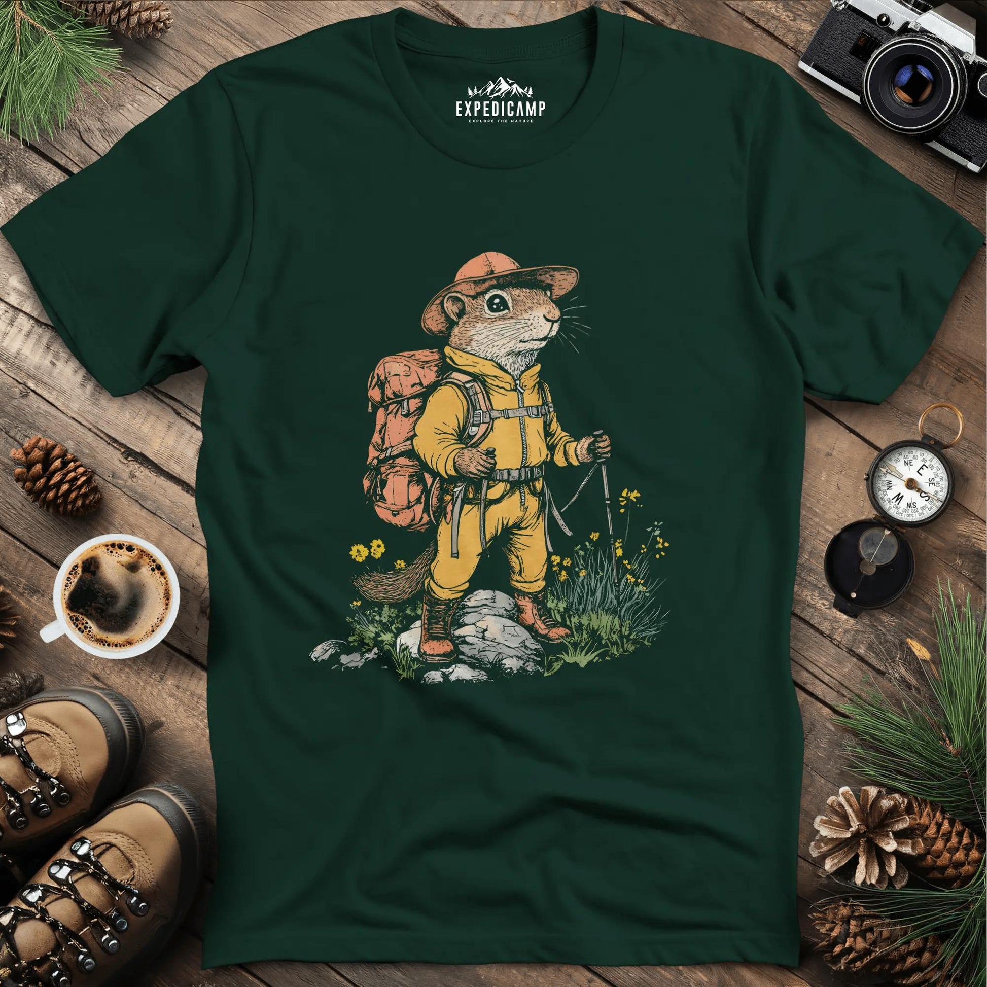 Ground Squirrel Hiker T-Shirt – Small But Mighty Adventurer – Forest Green – Outdoor apparel for travel, hiking, camping, and nature lovers – ExpediCamp