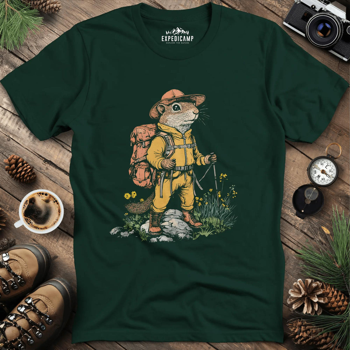 Ground Squirrel Hiker T-Shirt – Small But Mighty Adventurer – Forest Green – Outdoor apparel for travel, hiking, camping, and nature lovers – ExpediCamp