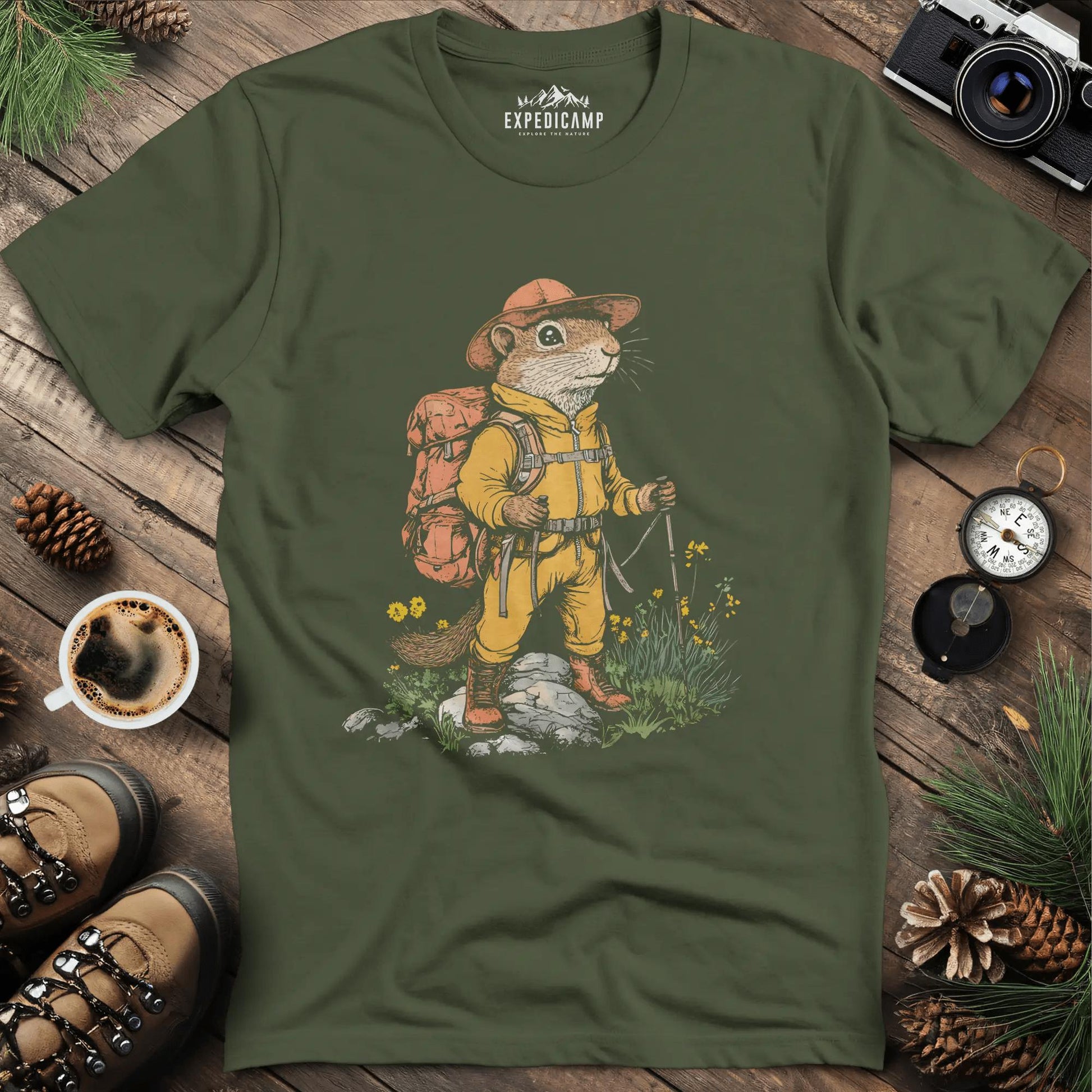 Ground Squirrel Hiker T-Shirt – Small But Mighty Adventurer – Military Green – Outdoor apparel for travel, hiking, camping, and nature lovers – ExpediCamp