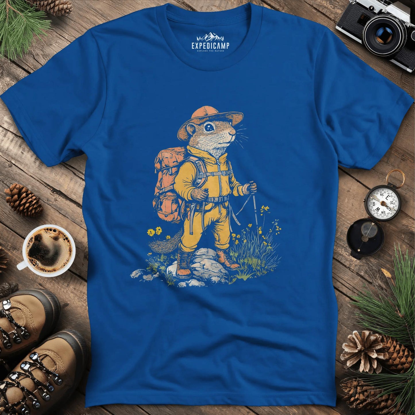 Ground Squirrel Hiker T-Shirt – Small But Mighty Adventurer – Royal – Outdoor apparel for travel, hiking, camping, and nature lovers – ExpediCamp