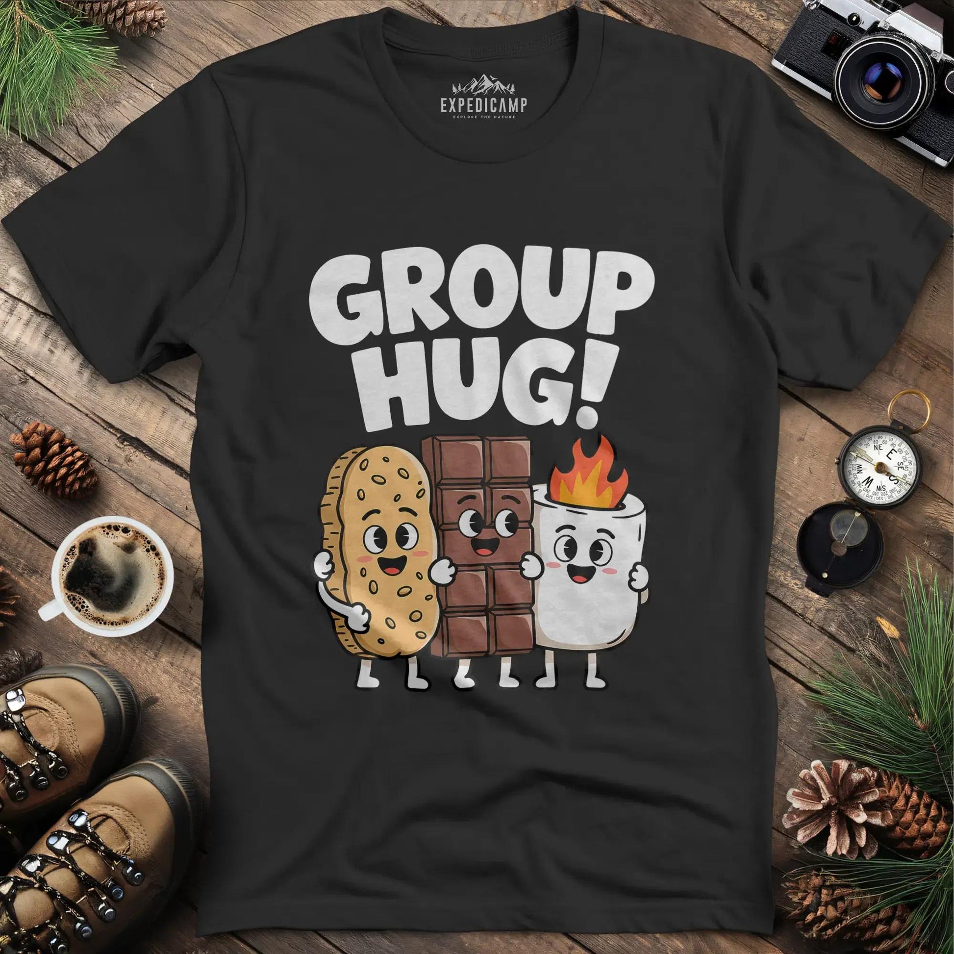 Group Hug Camping T-Shirt – Black – Outdoor apparel for travel, hiking, camping, and nature lovers – ExpediCamp