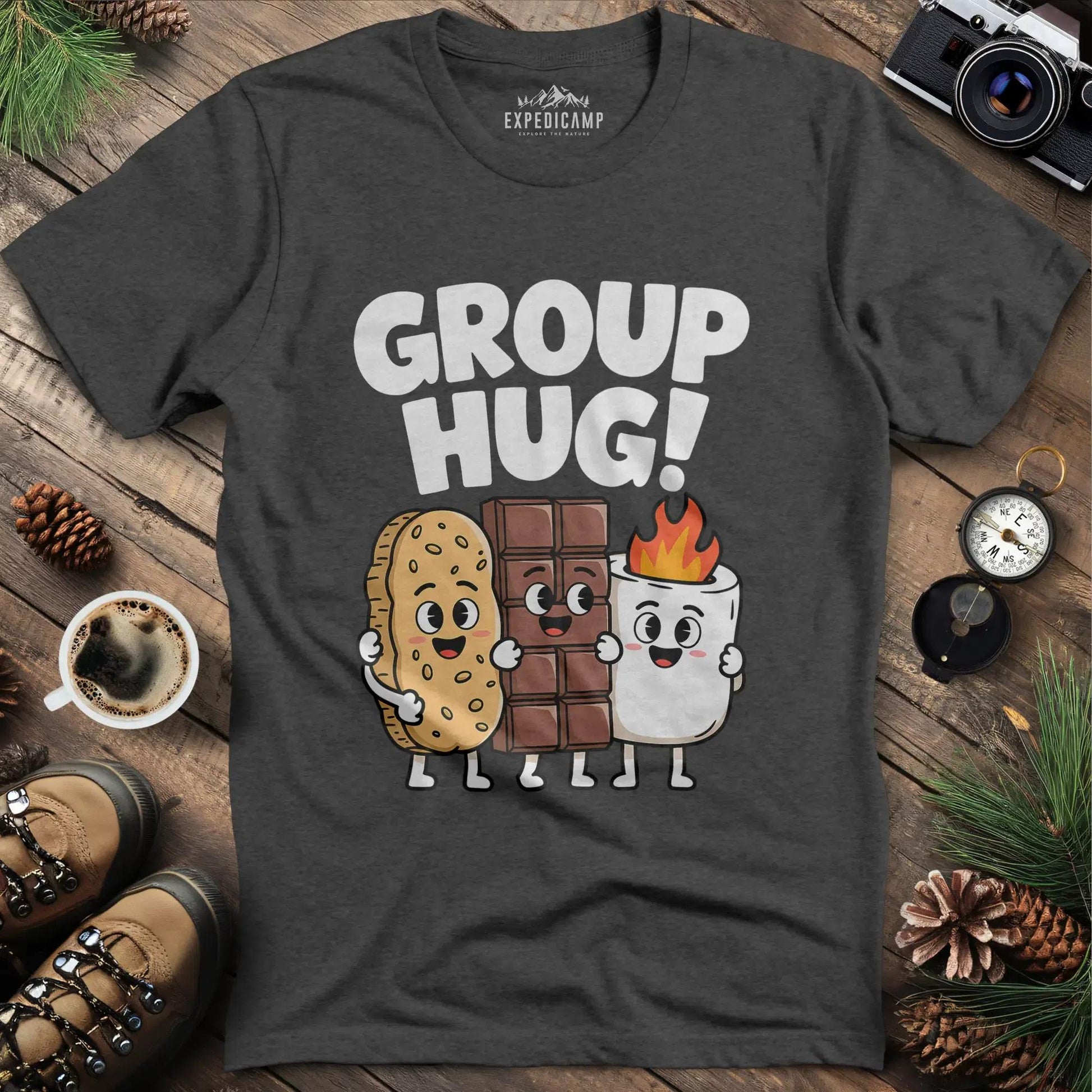 Group Hug Camping T-Shirt – Dark Heather – Outdoor apparel for travel, hiking, camping, and nature lovers – ExpediCamp