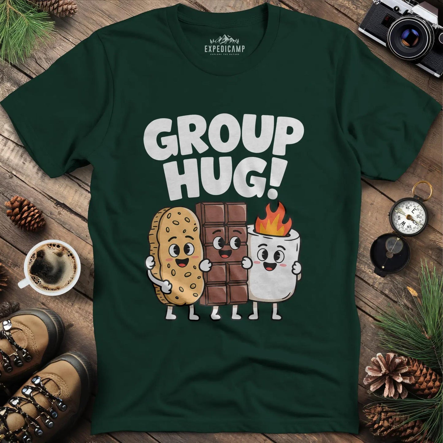 Group Hug Camping T-Shirt – Forest Green – Outdoor apparel for travel, hiking, camping, and nature lovers – ExpediCamp