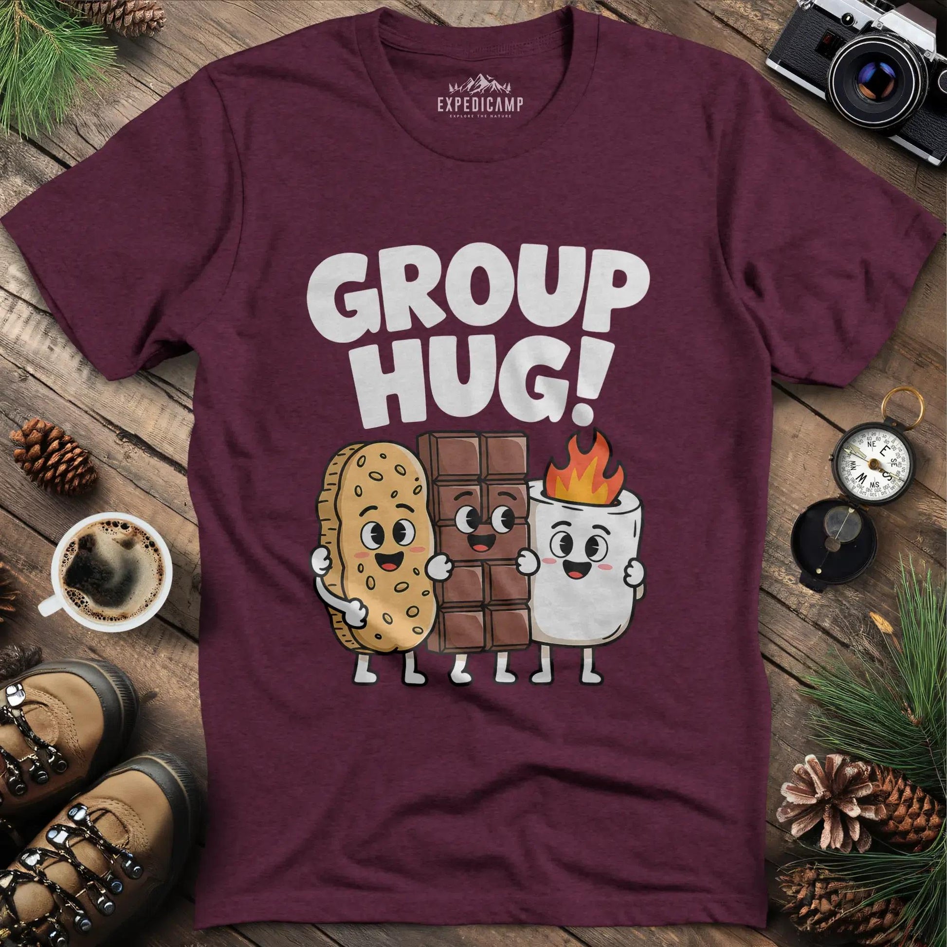 Group Hug Camping T-Shirt – Heather Maroon – Outdoor apparel for travel, hiking, camping, and nature lovers – ExpediCamp