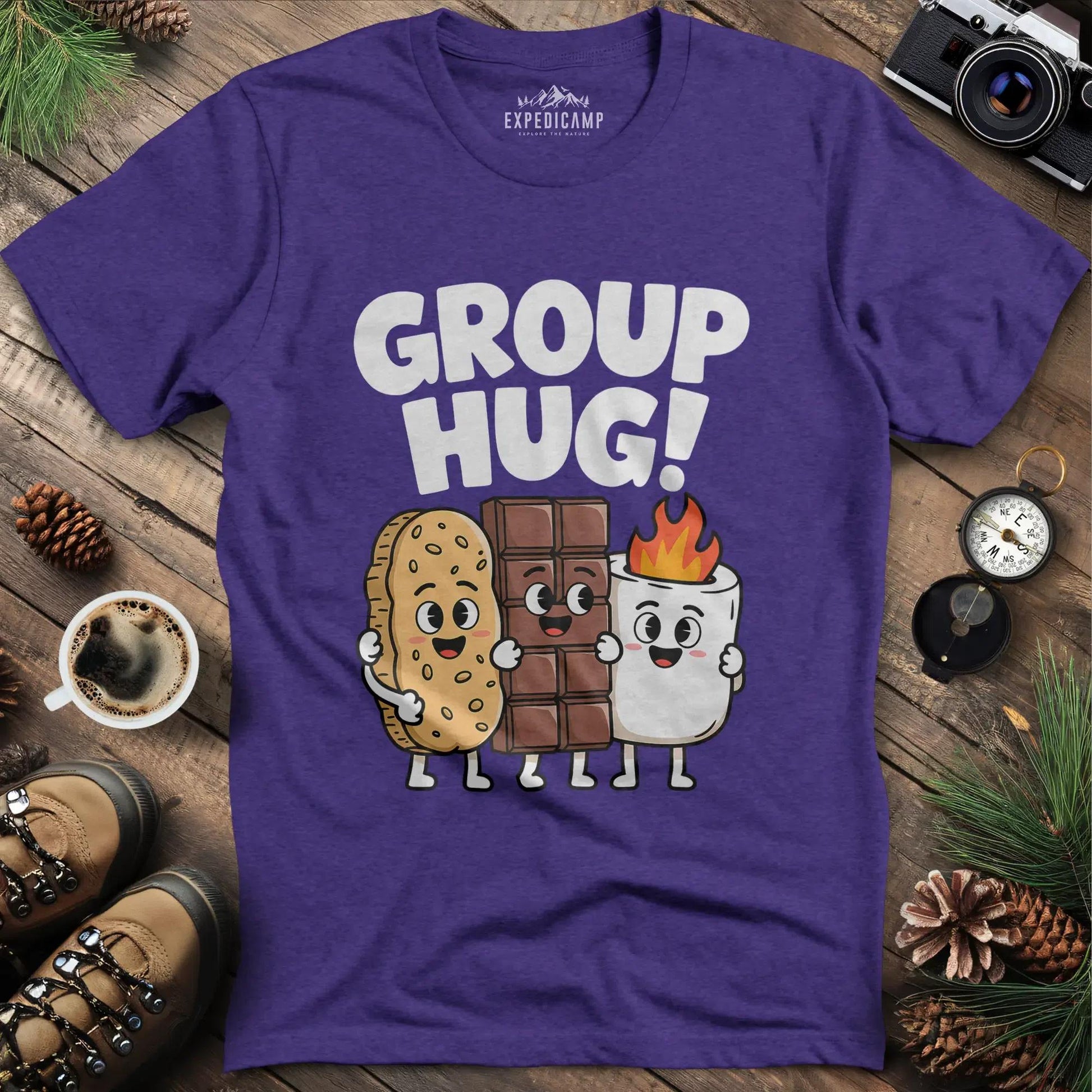 Group Hug Camping T-Shirt – Heather Purple – Outdoor apparel for travel, hiking, camping, and nature lovers – ExpediCamp