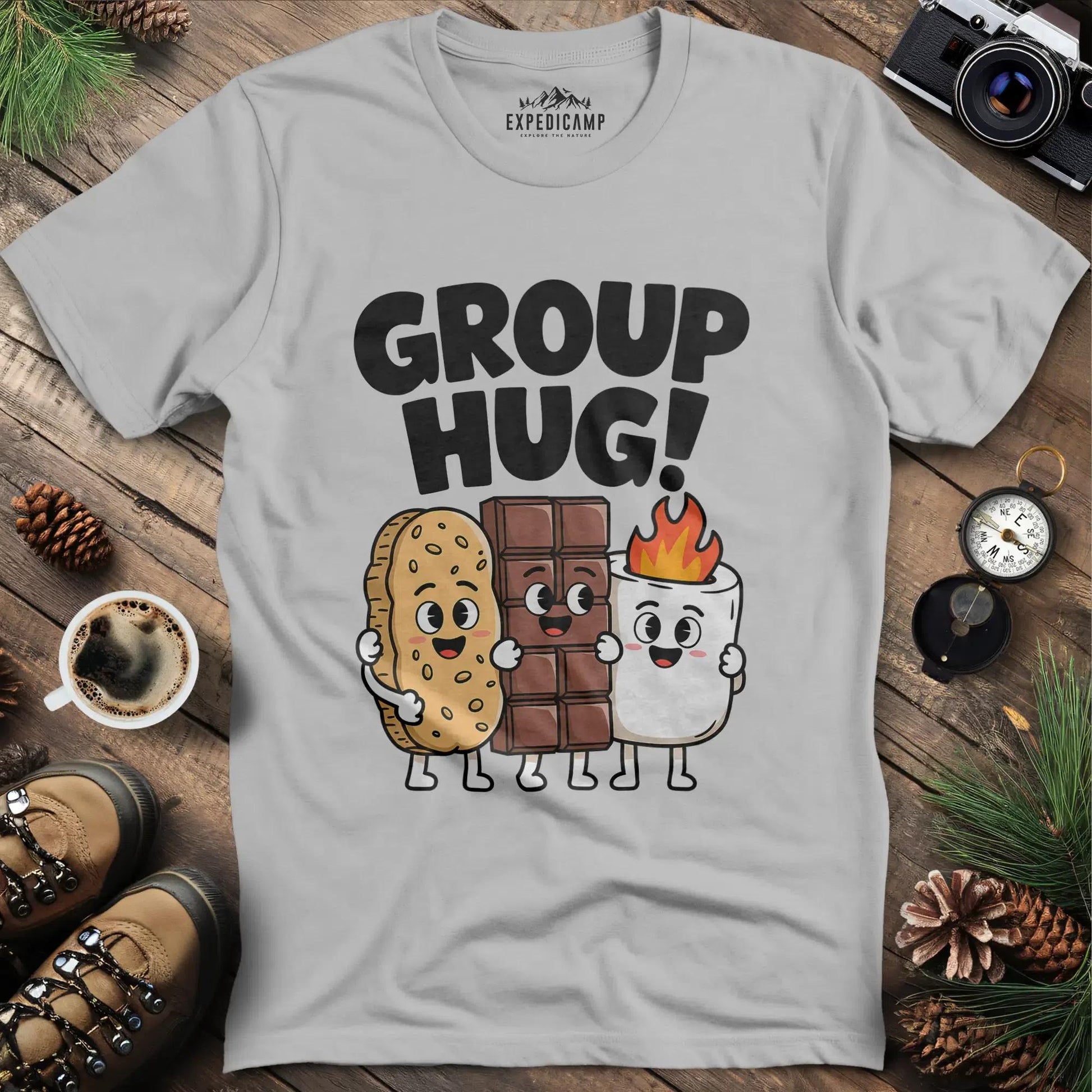 Group Hug Camping T-Shirt – Ice Grey – Outdoor apparel for travel, hiking, camping, and nature lovers – ExpediCamp