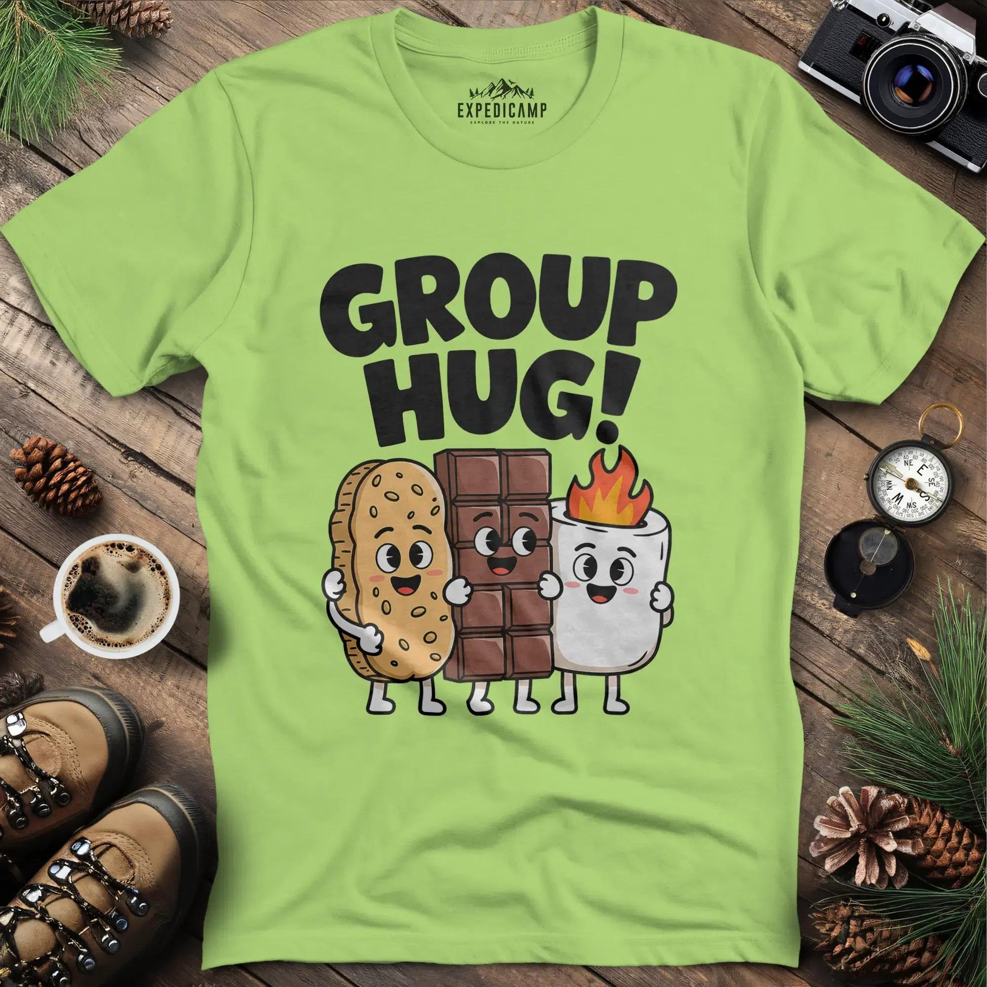 Group Hug Camping T-Shirt – Kiwi – Outdoor apparel for travel, hiking, camping, and nature lovers – ExpediCamp