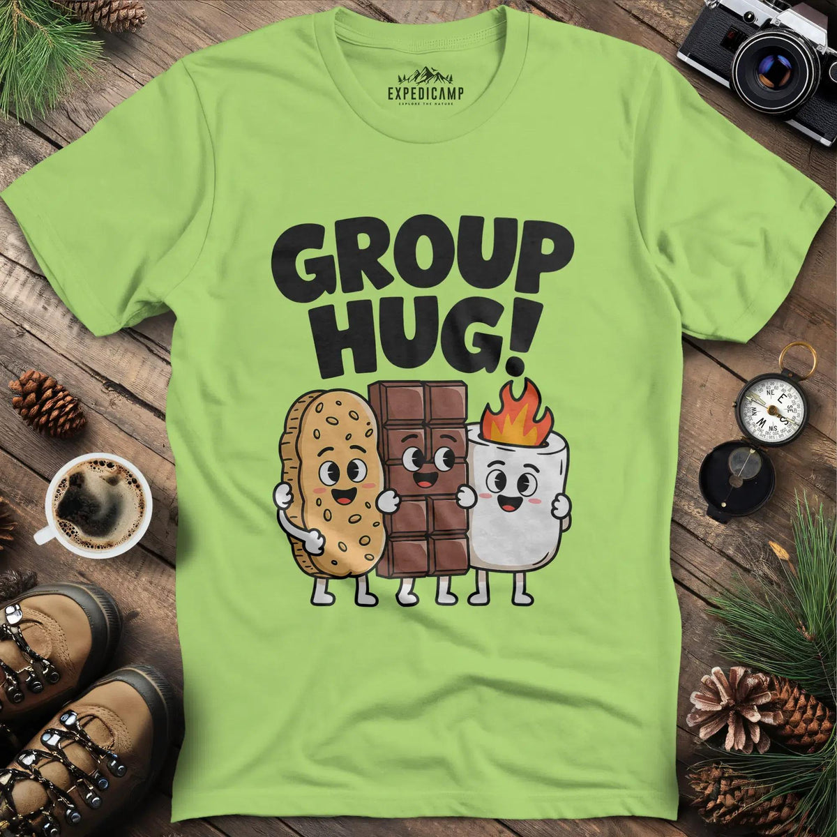 Group Hug Camping T-Shirt – Kiwi – Outdoor apparel for travel, hiking, camping, and nature lovers – ExpediCamp