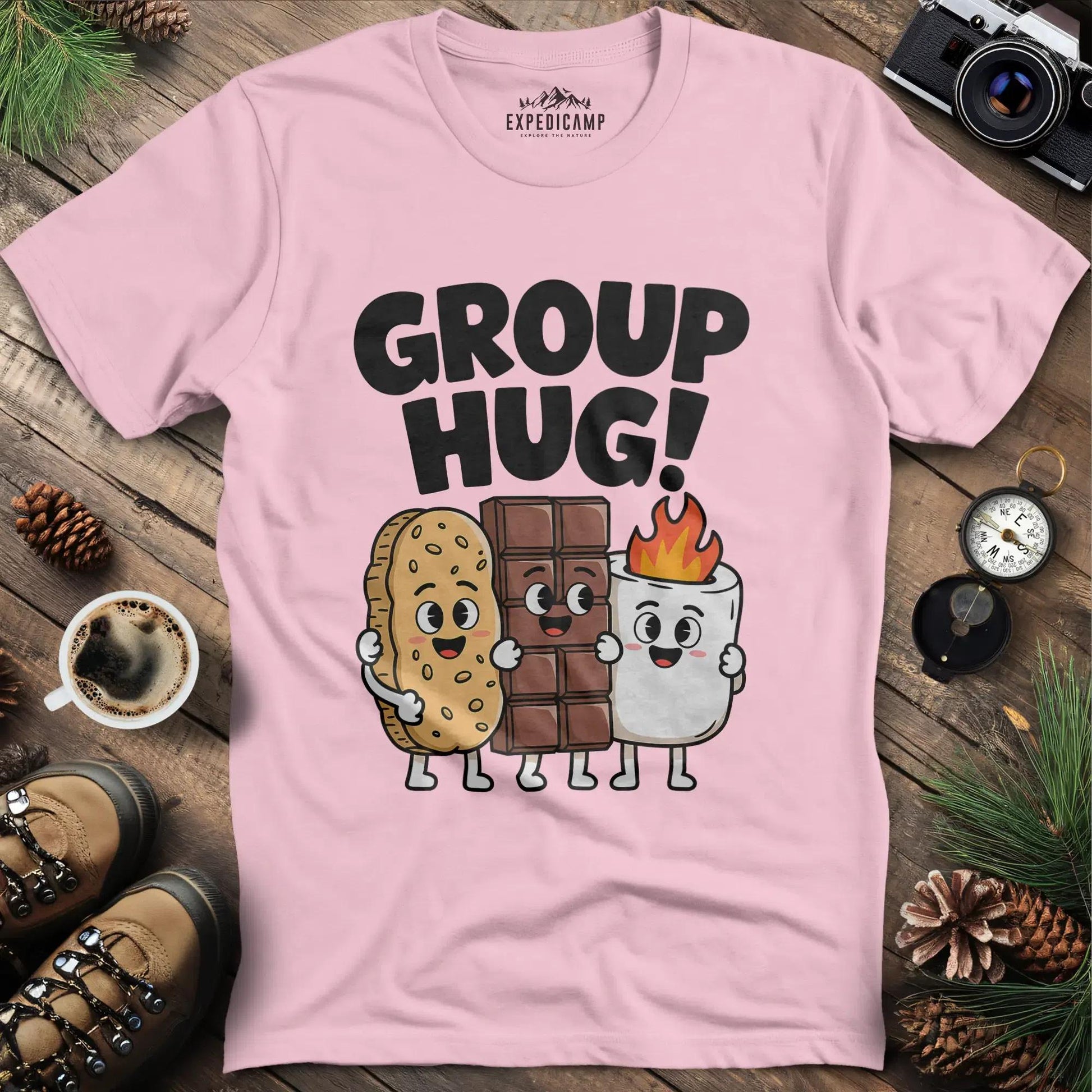 Group Hug Camping T-Shirt – Light Pink – Outdoor apparel for travel, hiking, camping, and nature lovers – ExpediCamp