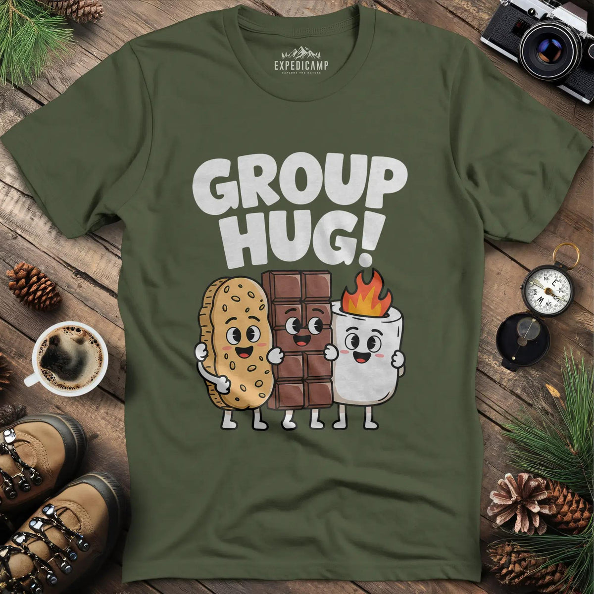 Group Hug Camping T-Shirt – Military Green – Outdoor apparel for travel, hiking, camping, and nature lovers – ExpediCamp