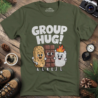 Group Hug Camping T-Shirt – Military Green – Outdoor apparel for travel, hiking, camping, and nature lovers – ExpediCamp