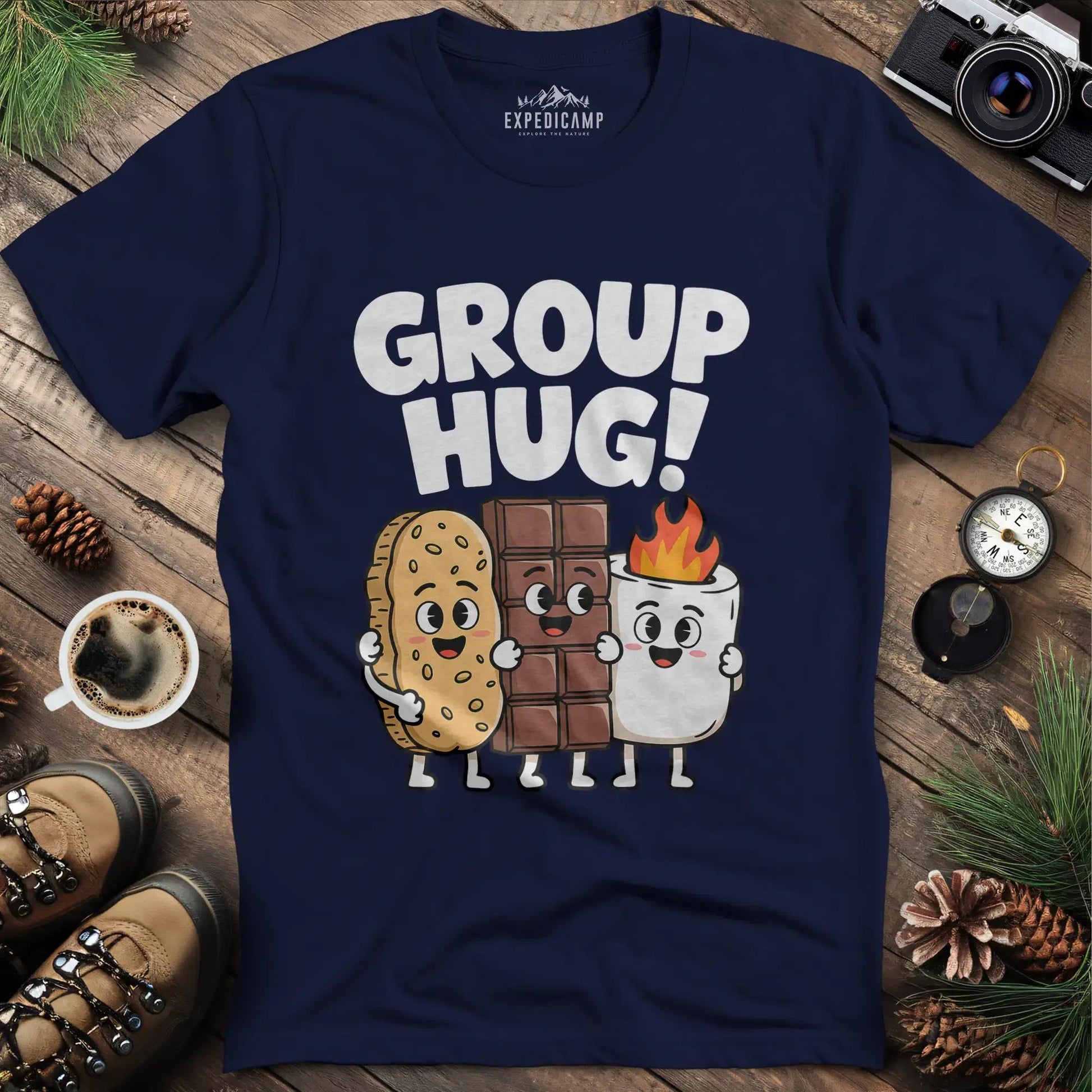 Group Hug Camping T-Shirt – Navy – Outdoor apparel for travel, hiking, camping, and nature lovers – ExpediCamp