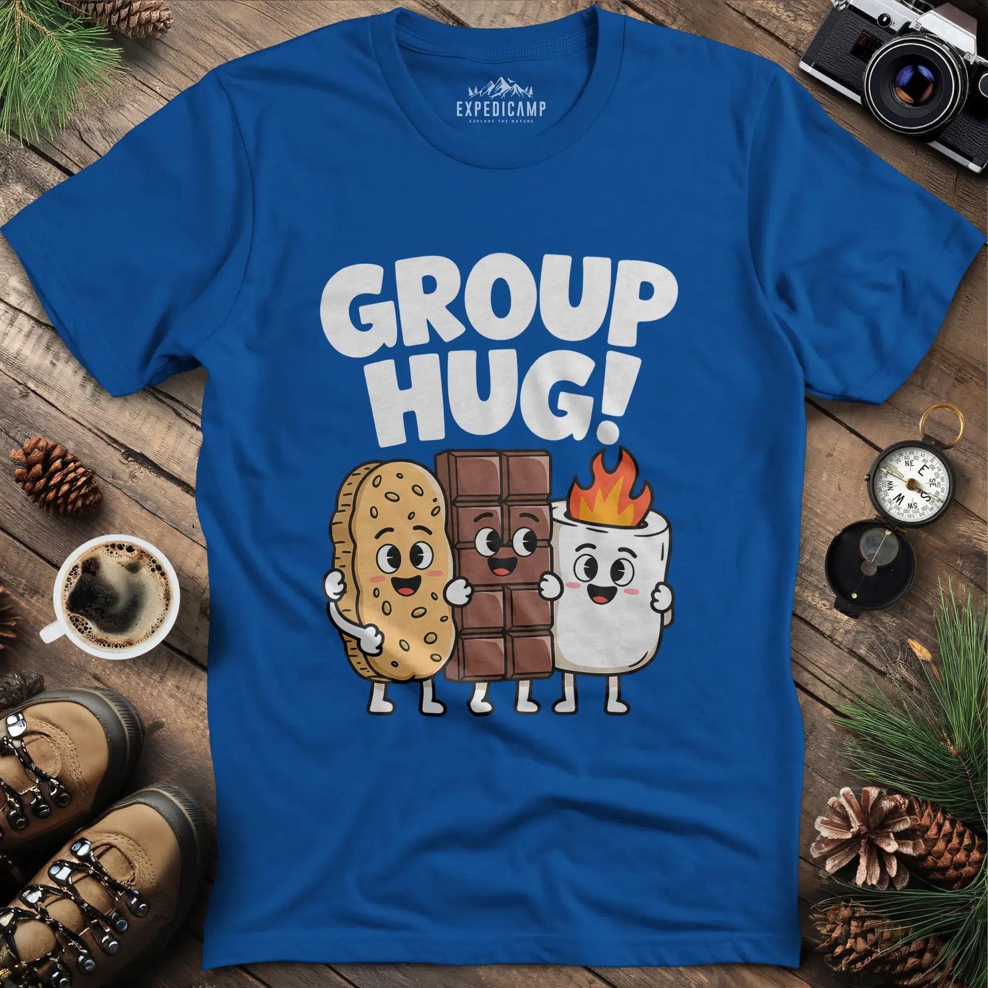 Group Hug Camping T-Shirt – Royal – Outdoor apparel for travel, hiking, camping, and nature lovers – ExpediCamp