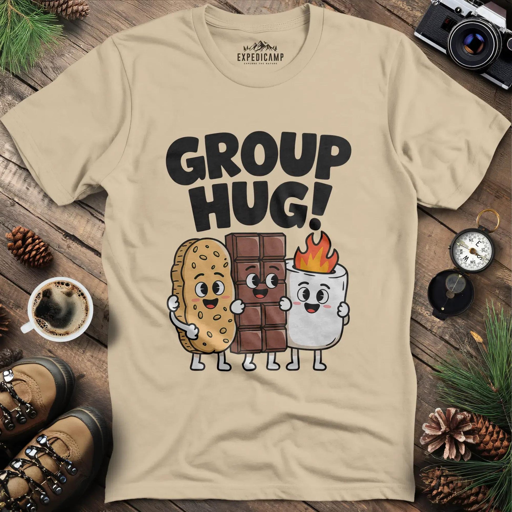 Group Hug Camping T-Shirt – Sand – Outdoor apparel for travel, hiking, camping, and nature lovers – ExpediCamp