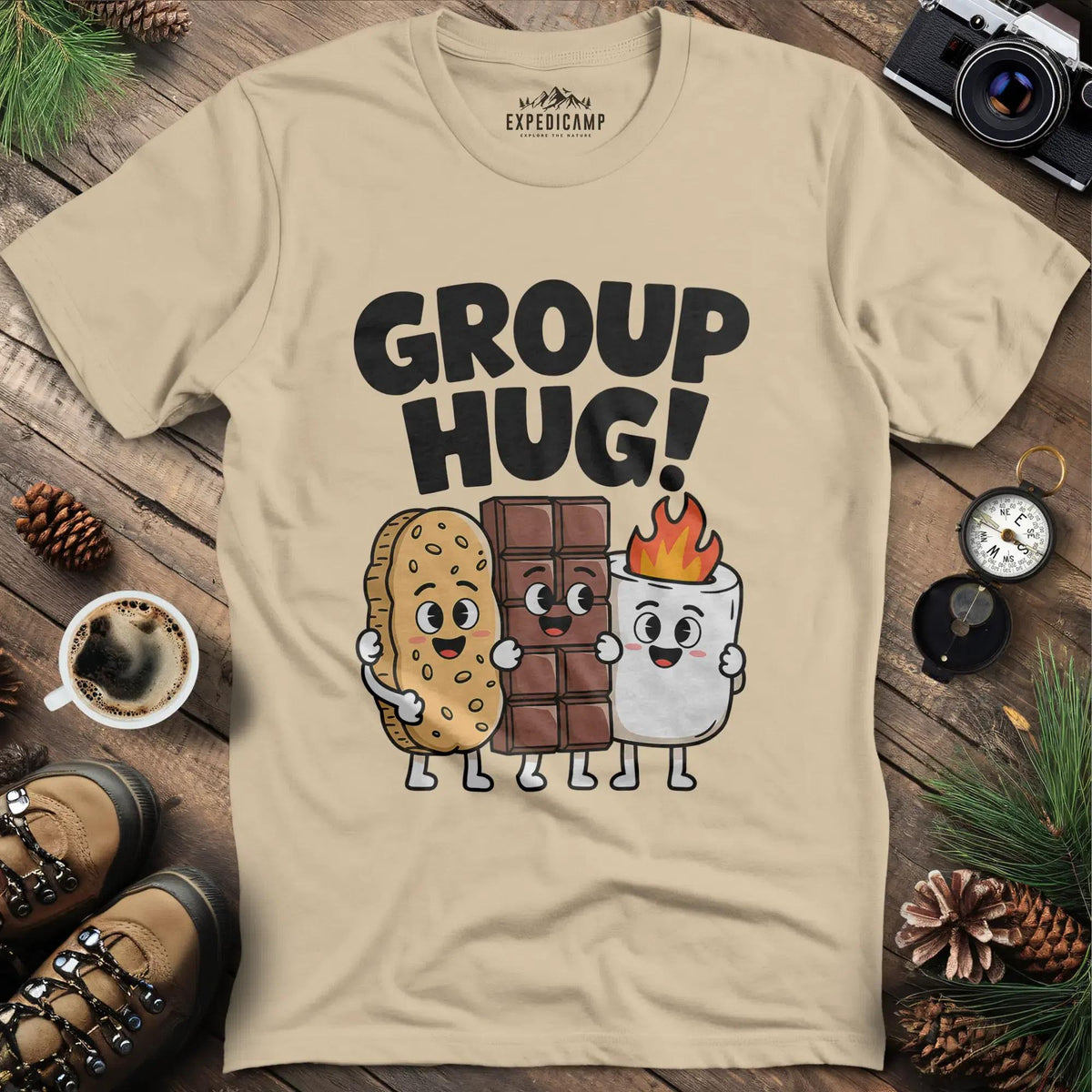 Group Hug Camping T-Shirt – Sand – Outdoor apparel for travel, hiking, camping, and nature lovers – ExpediCamp