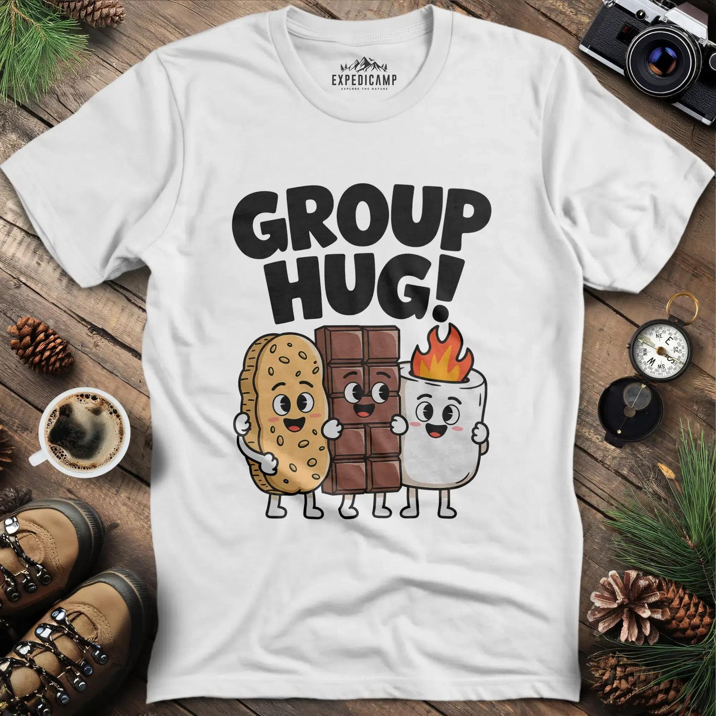 Group Hug Camping T-Shirt – White – Outdoor apparel for travel, hiking, camping, and nature lovers – ExpediCamp