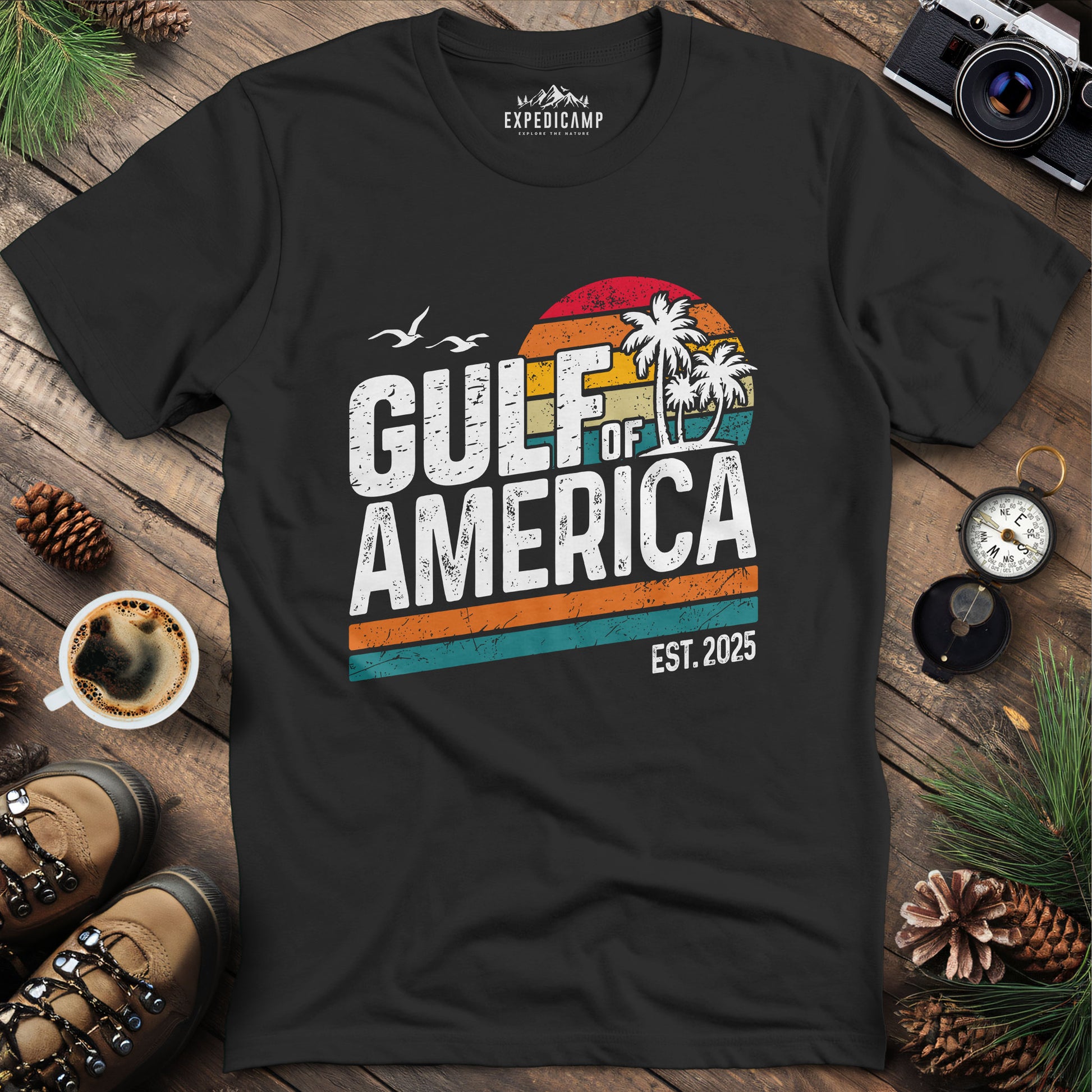 Gulf of America Retro Palm Trees T-Shirt – Black – Outdoor apparel for travel, hiking, camping, and nature lovers – ExpediCamp