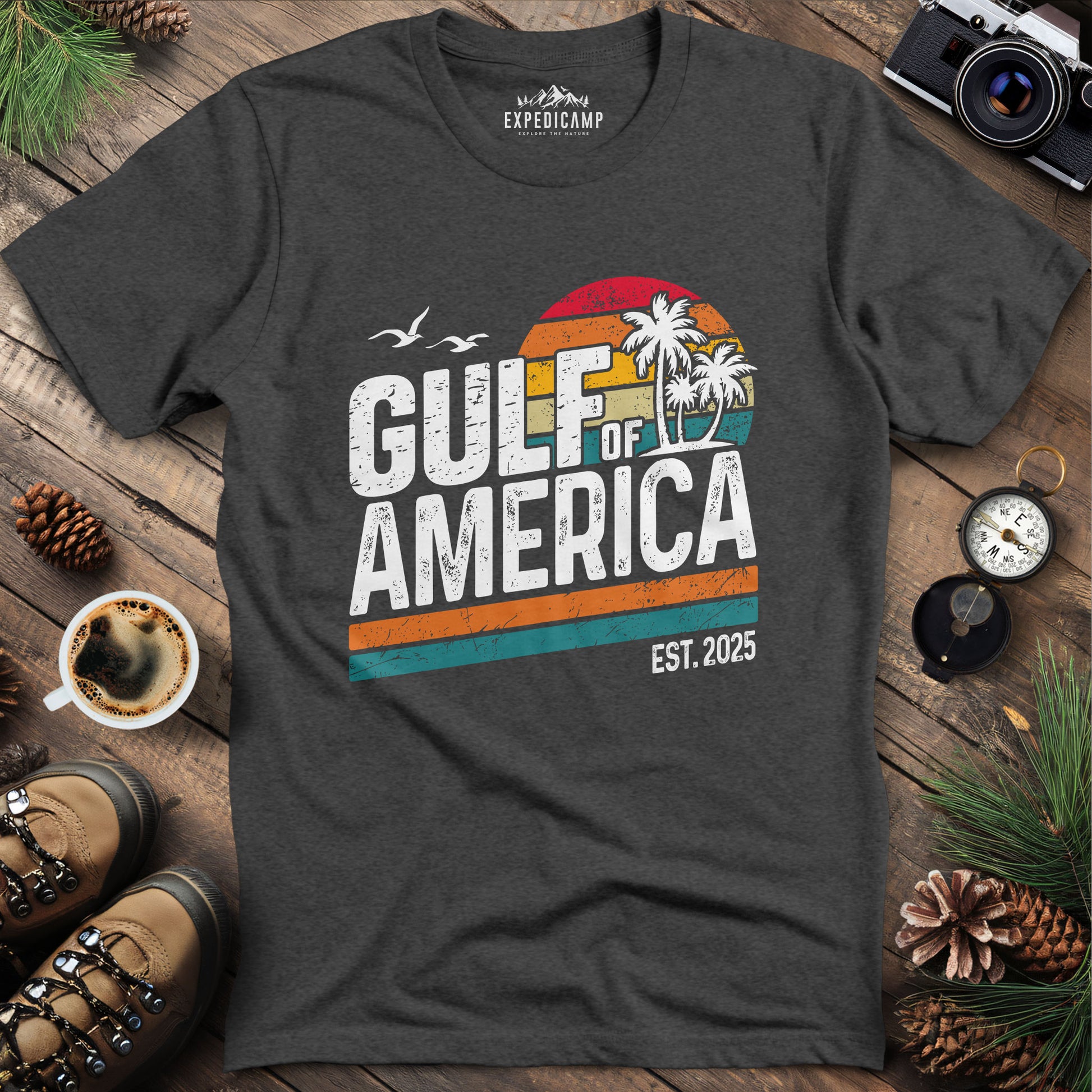 Gulf of America Retro Palm Trees T-Shirt – Dark Heather – Outdoor apparel for travel, hiking, camping, and nature lovers – ExpediCamp