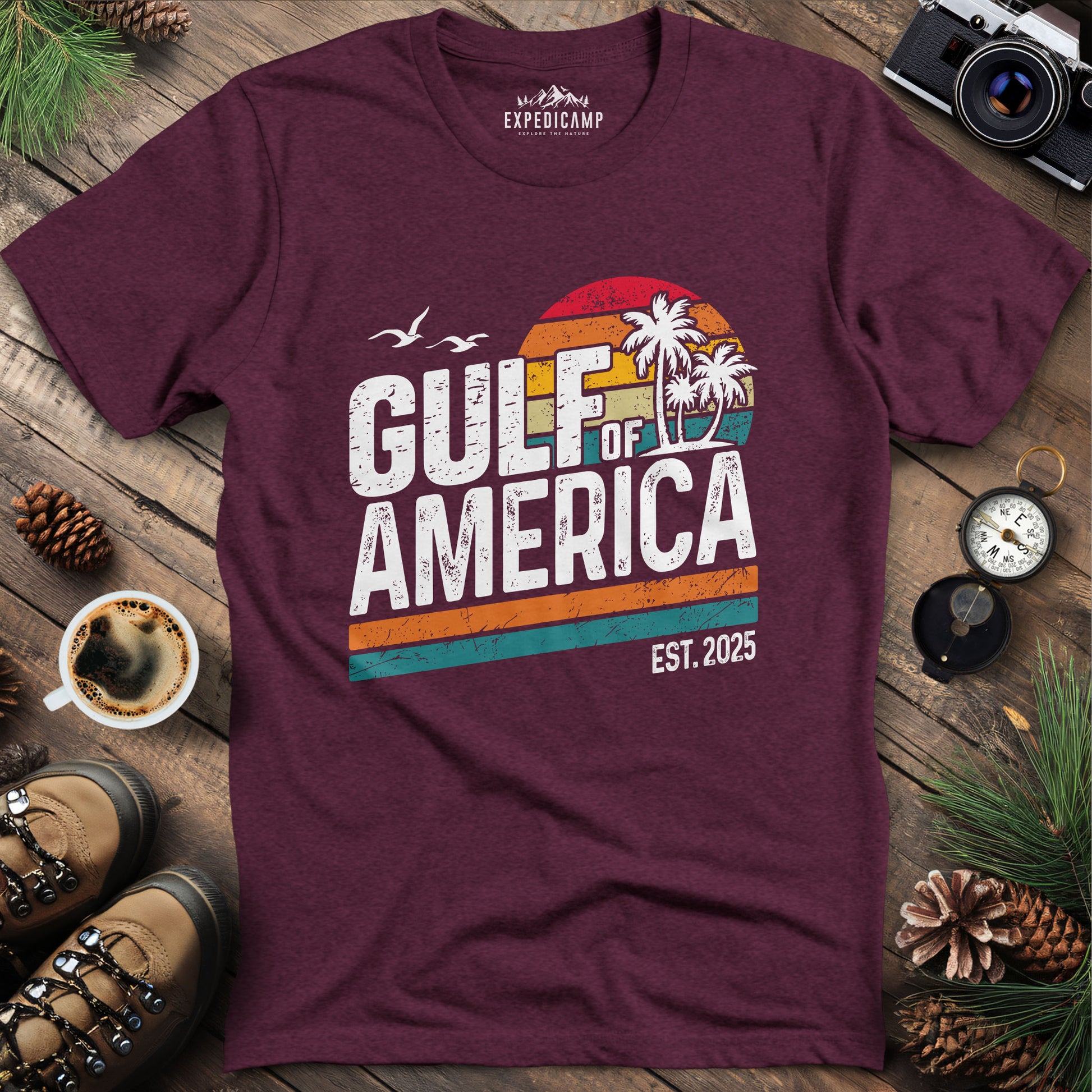 Gulf of America Retro Palm Trees T-Shirt – Heather Maroon – Outdoor apparel for travel, hiking, camping, and nature lovers – ExpediCamp