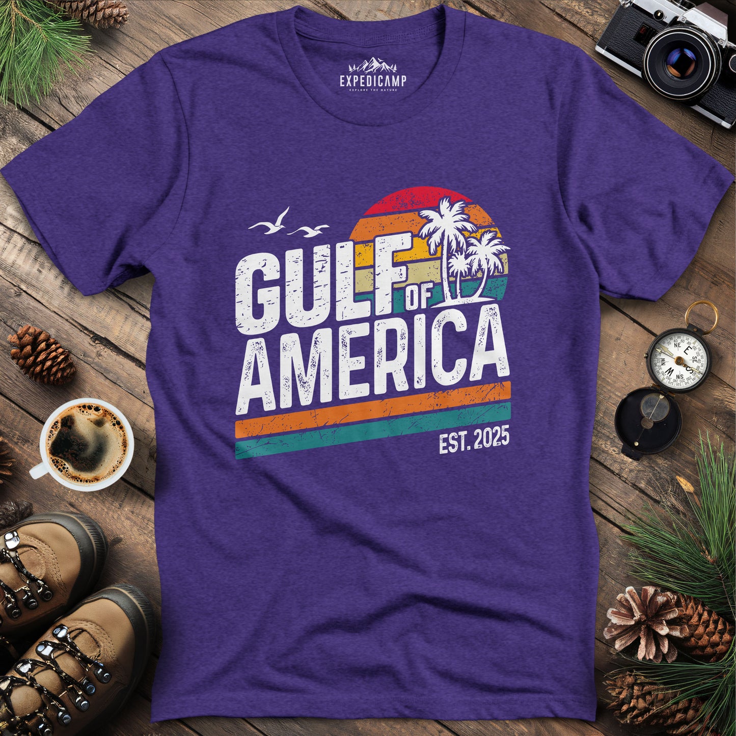 Gulf of America Retro Palm Trees T-Shirt – Heather Purple – Outdoor apparel for travel, hiking, camping, and nature lovers – ExpediCamp