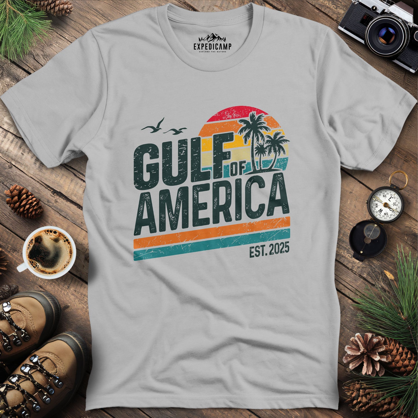 Gulf of America Retro Palm Trees T-Shirt – Ice Grey – Outdoor apparel for travel, hiking, camping, and nature lovers – ExpediCamp
