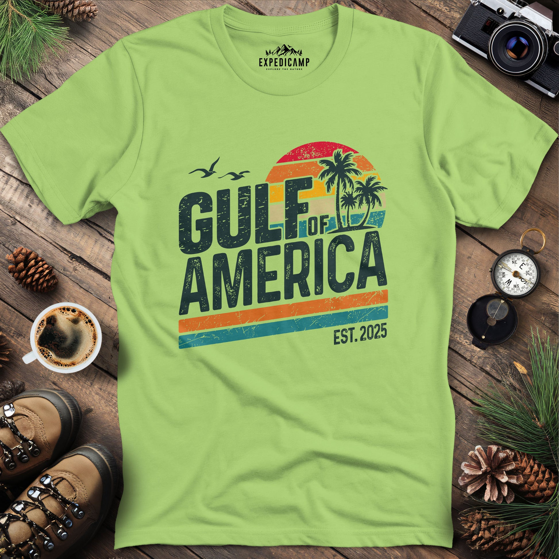 Gulf of America Retro Palm Trees T-Shirt – Kiwi – Outdoor apparel for travel, hiking, camping, and nature lovers – ExpediCamp