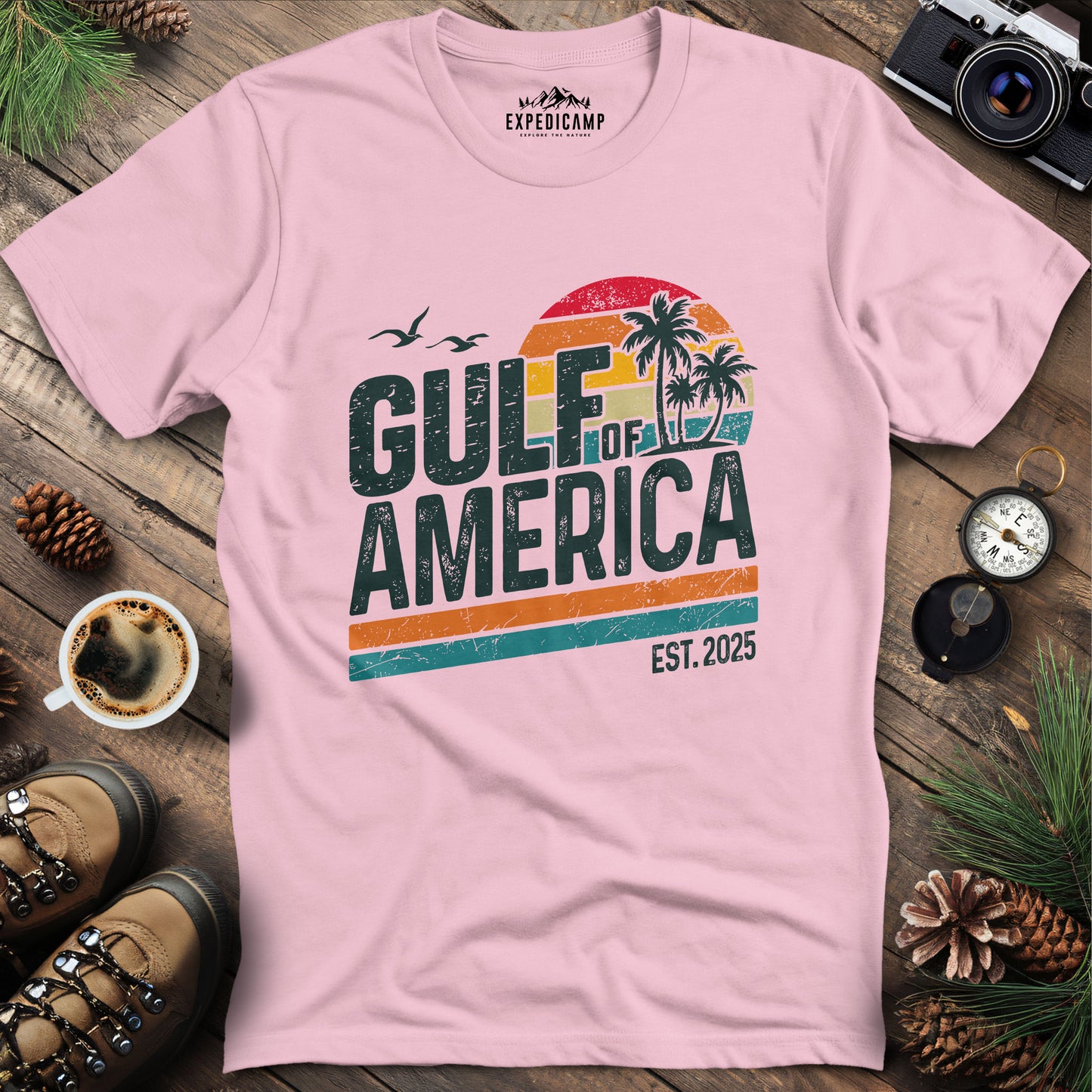 Gulf of America Retro Palm Trees T-Shirt – Light Pink – Outdoor apparel for travel, hiking, camping, and nature lovers – ExpediCamp