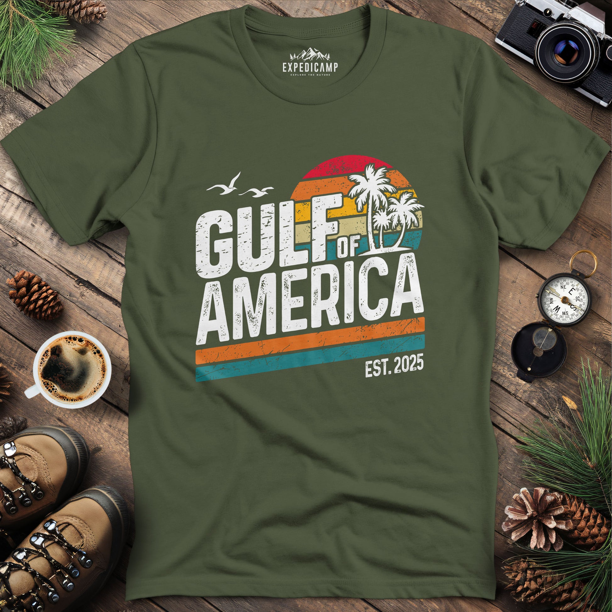 Gulf of America Retro Palm Trees T-Shirt – Military Green – Outdoor apparel for travel, hiking, camping, and nature lovers – ExpediCamp