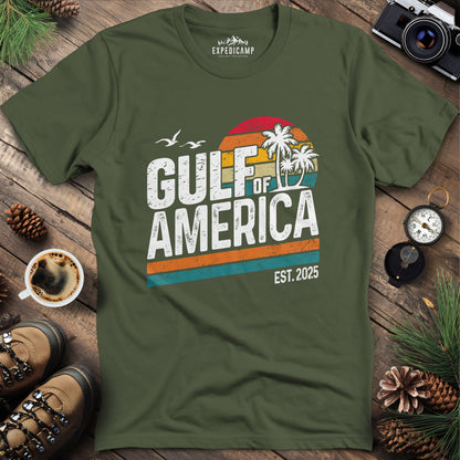 Gulf of America Retro Palm Trees T-Shirt – Military Green – Outdoor apparel for travel, hiking, camping, and nature lovers – ExpediCamp