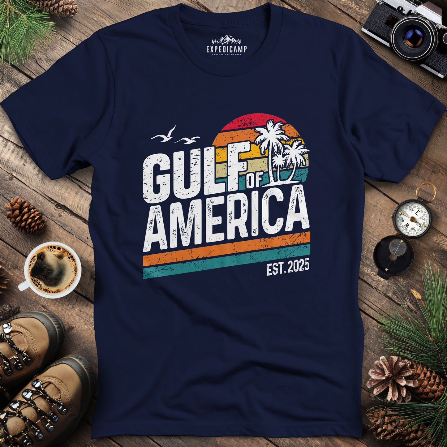 Gulf of America Retro Palm Trees T-Shirt – Navy – Outdoor apparel for travel, hiking, camping, and nature lovers – ExpediCamp