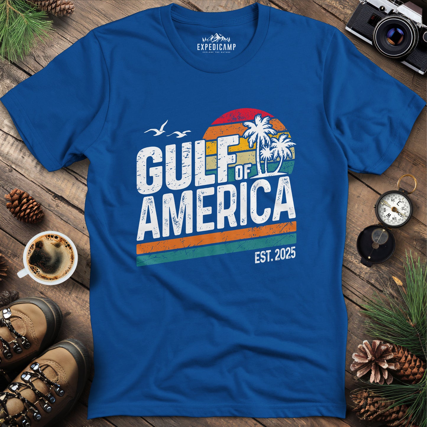 Gulf of America Retro Palm Trees T-Shirt – Royal – Outdoor apparel for travel, hiking, camping, and nature lovers – ExpediCamp