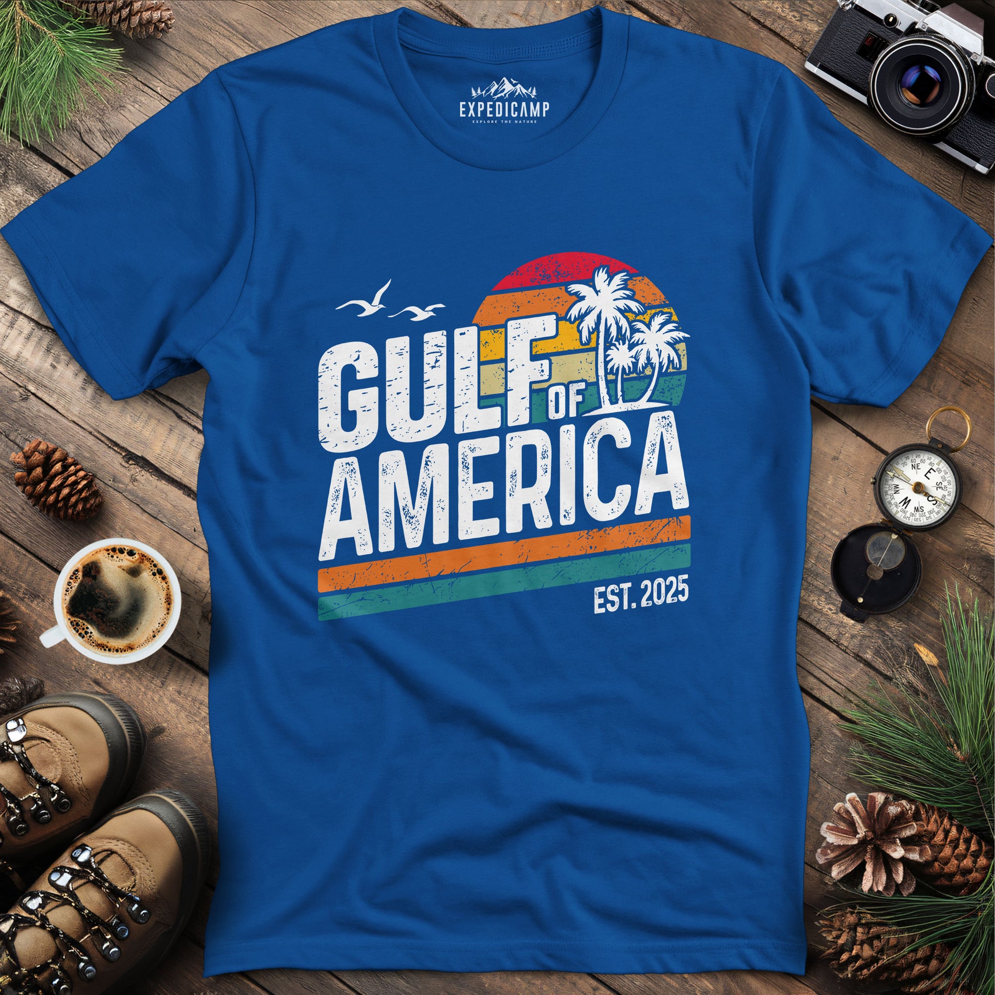 Gulf of America Retro Palm Trees T-Shirt – Royal – Outdoor apparel for travel, hiking, camping, and nature lovers – ExpediCamp